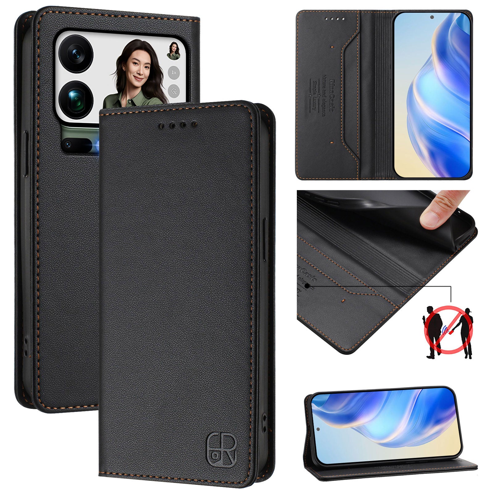 For Xiaomi 17 Pro Max Leather Case RINACASIS RC01 Phone Cover with RFID Blocking Wallet Stand - Black