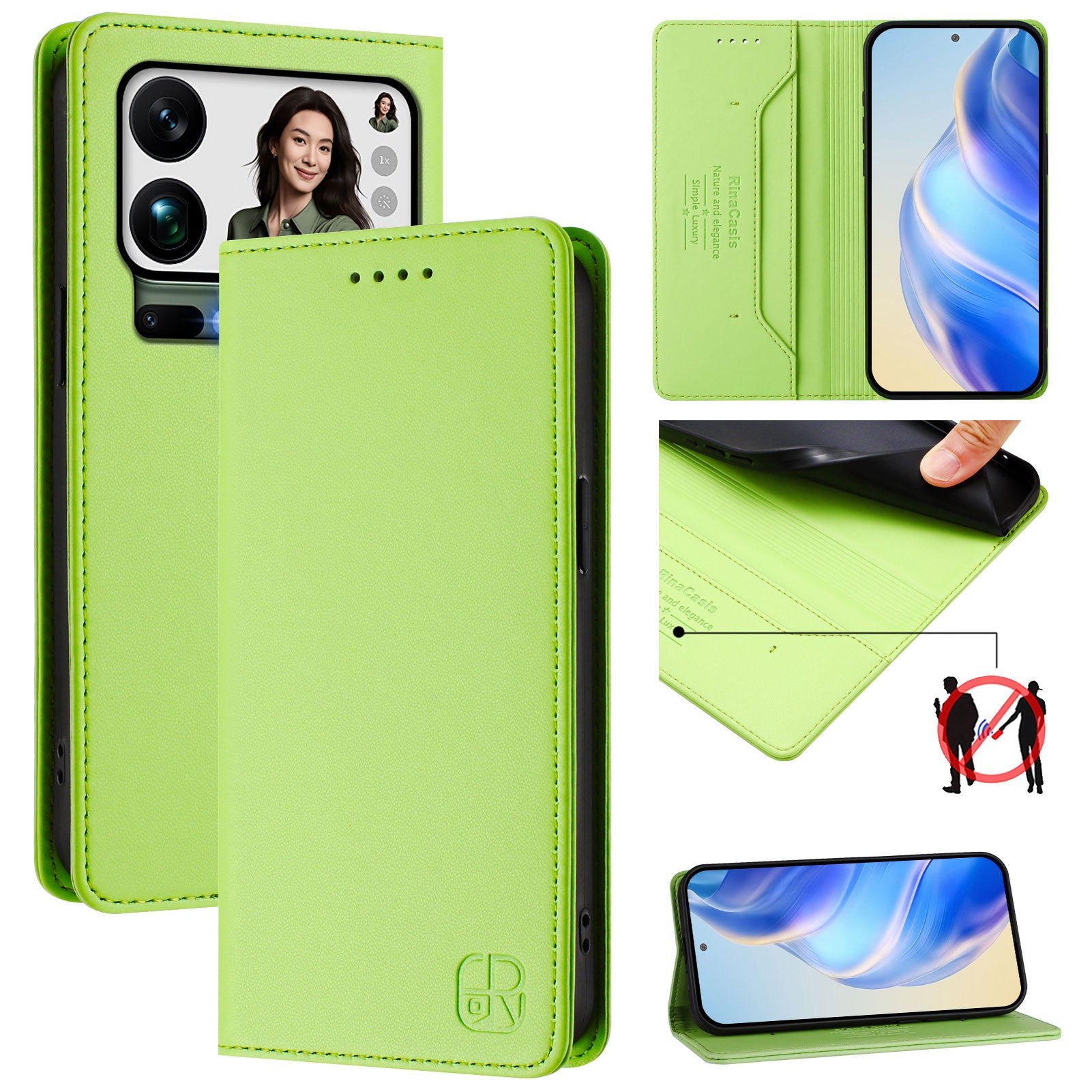 For Xiaomi 17 Pro Max Leather Case RINACASIS RC01 Phone Cover with RFID Blocking Wallet Stand - Green