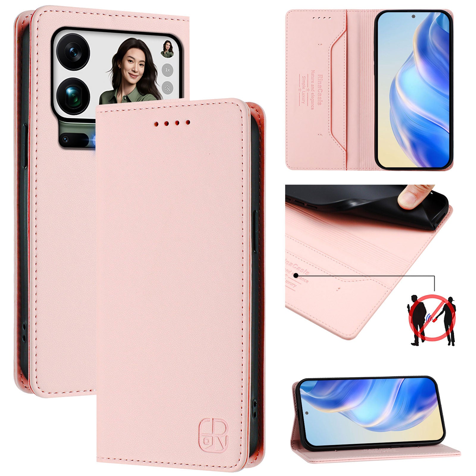 For Xiaomi 17 Pro Max Leather Case RINACASIS RC01 Phone Cover with RFID Blocking Wallet Stand - Pink