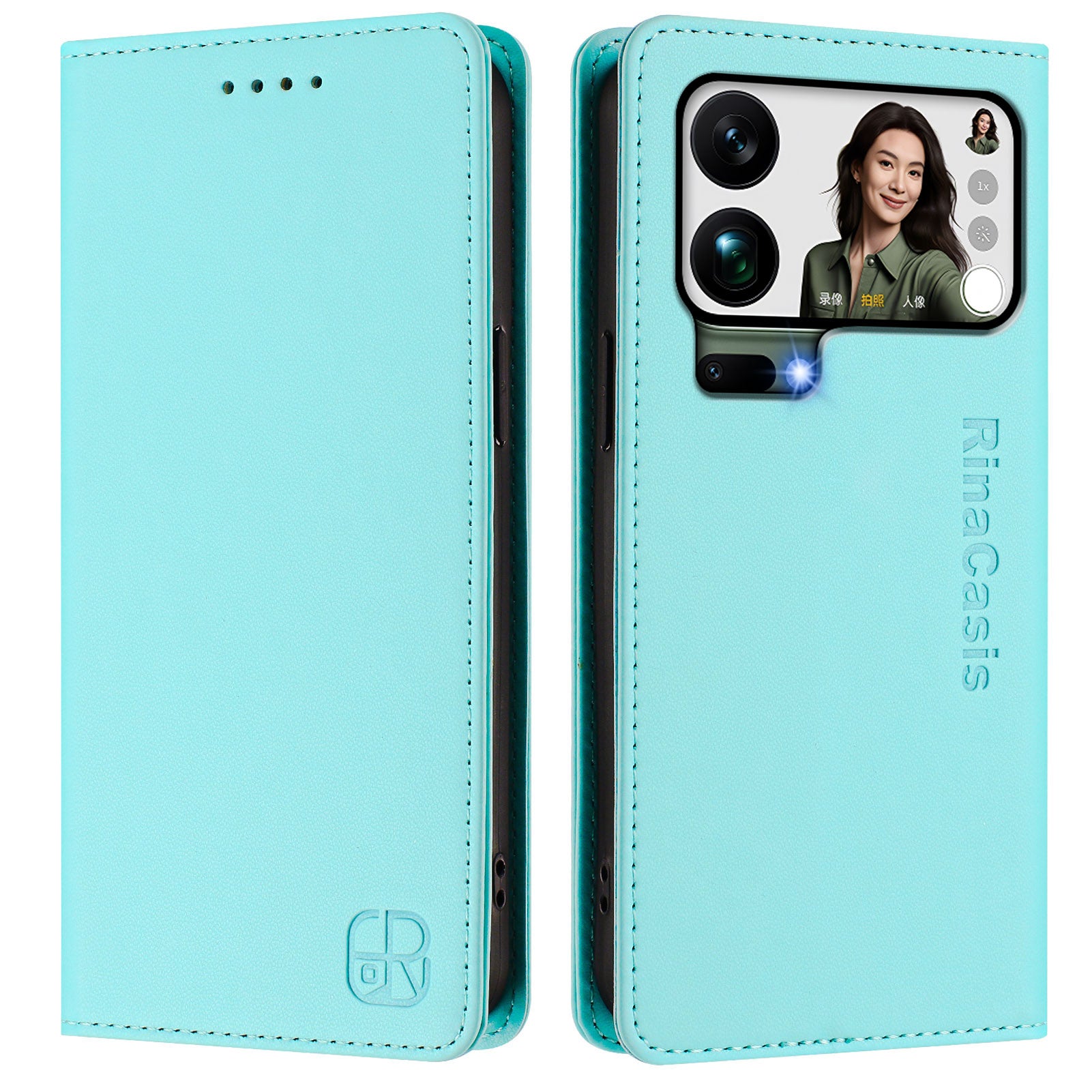 For Xiaomi 17 Pro Max Leather Case RINACASIS RC01 Phone Cover with RFID Blocking Wallet Stand - Mint Green