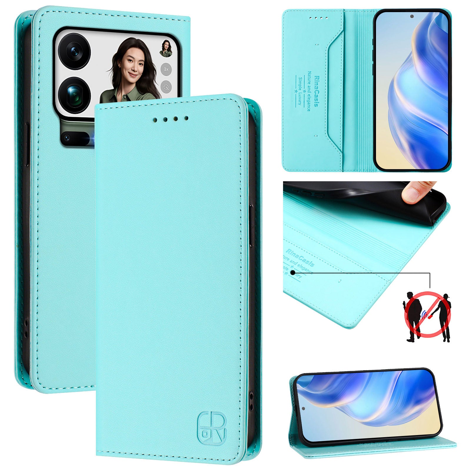 For Xiaomi 17 Pro Max Leather Case RINACASIS RC01 Phone Cover with RFID Blocking Wallet Stand - Mint Green