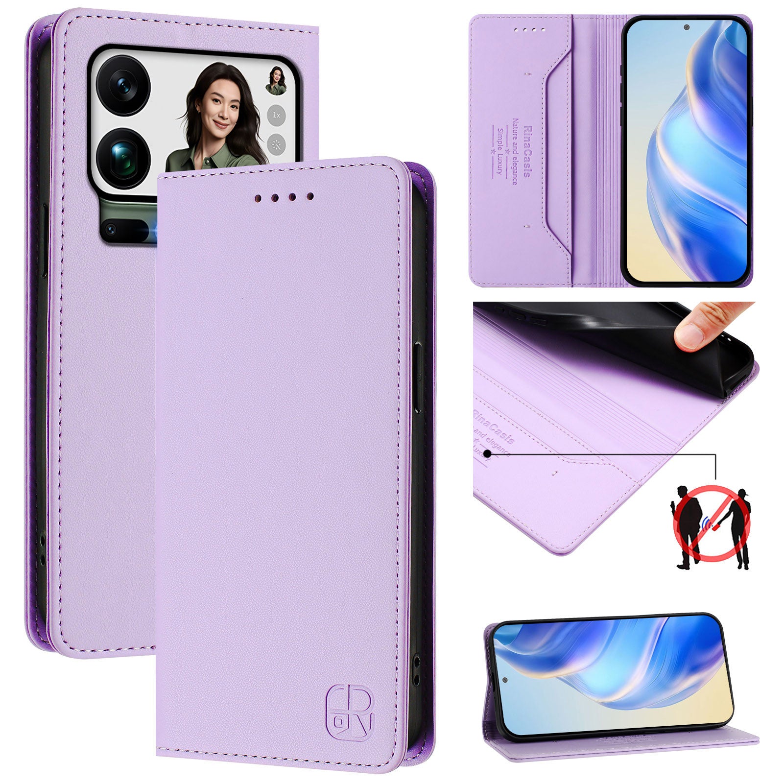 For Xiaomi 17 Pro Max Leather Case RINACASIS RC01 Phone Cover with RFID Blocking Wallet Stand - Light Purple