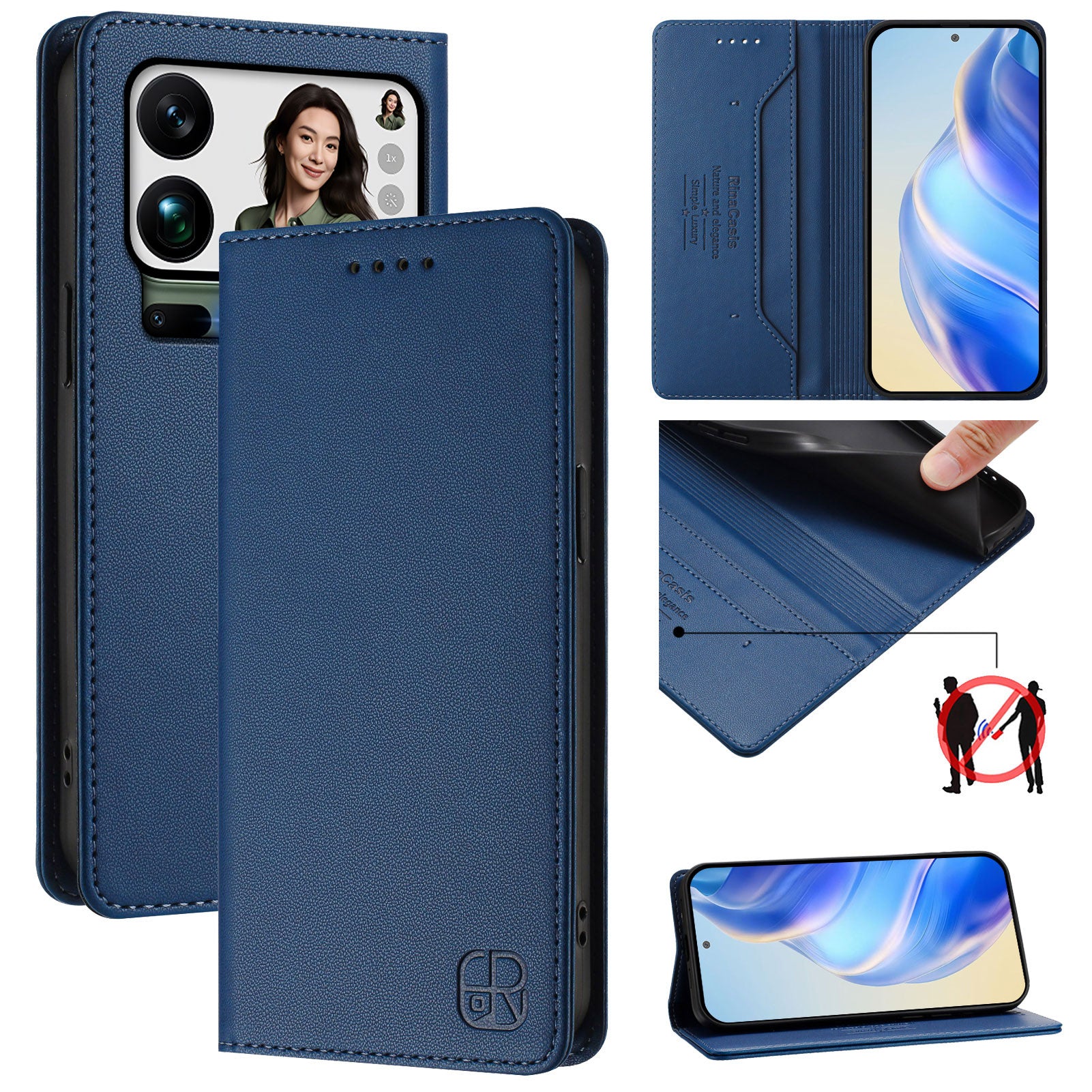 For Xiaomi 17 Pro Max Leather Case RINACASIS RC01 Phone Cover with RFID Blocking Wallet Stand - Dark Blue