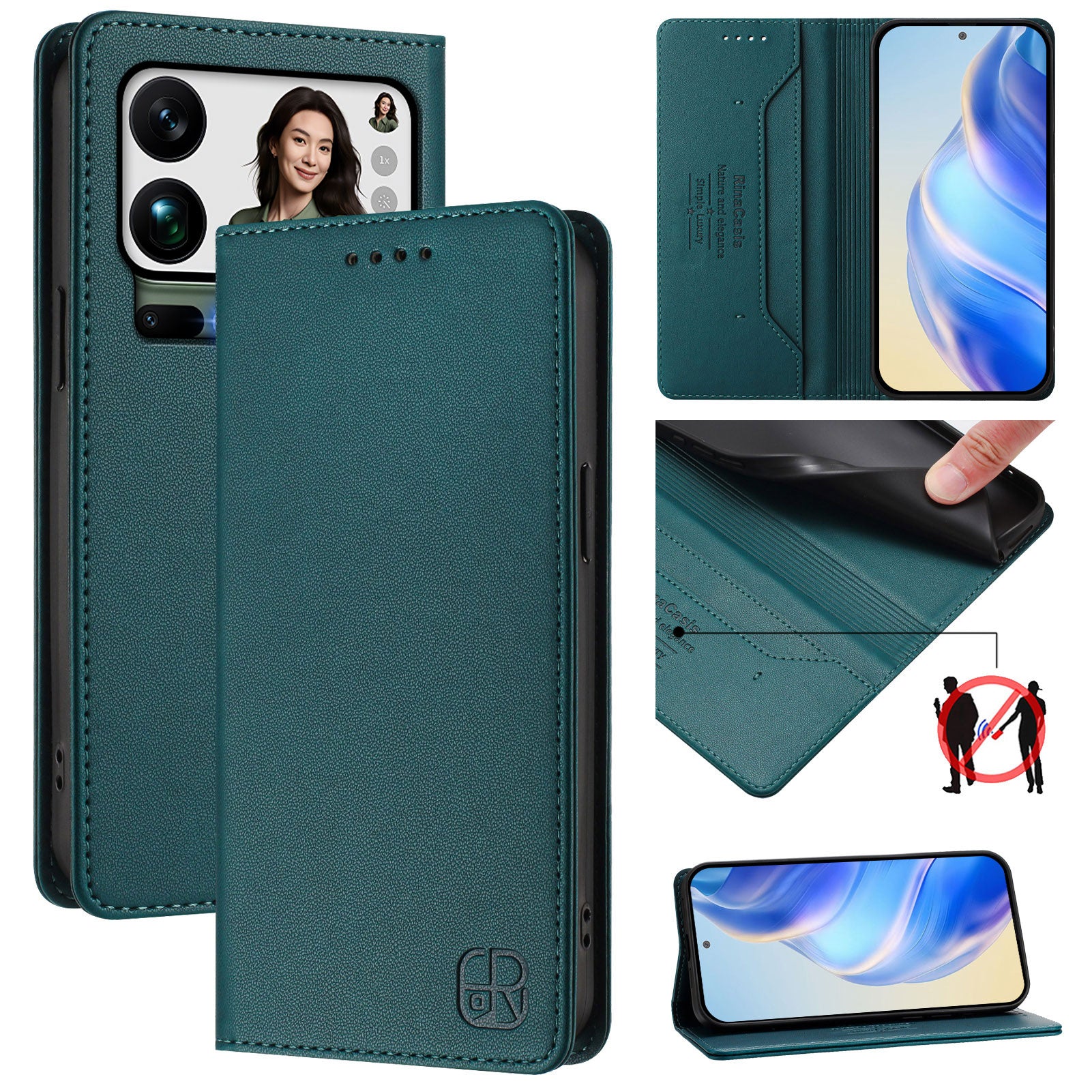 For Xiaomi 17 Pro Max Leather Case RINACASIS RC01 Phone Cover with RFID Blocking Wallet Stand - Dark Green