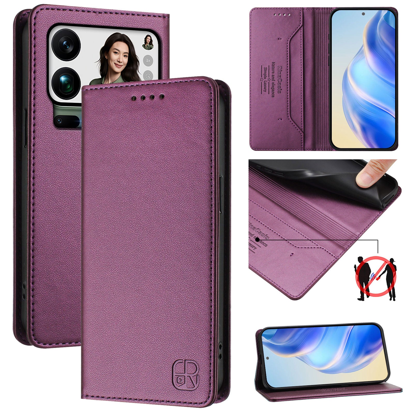 For Xiaomi 17 Pro Max Leather Case RINACASIS RC01 Phone Cover with RFID Blocking Wallet Stand - Violet