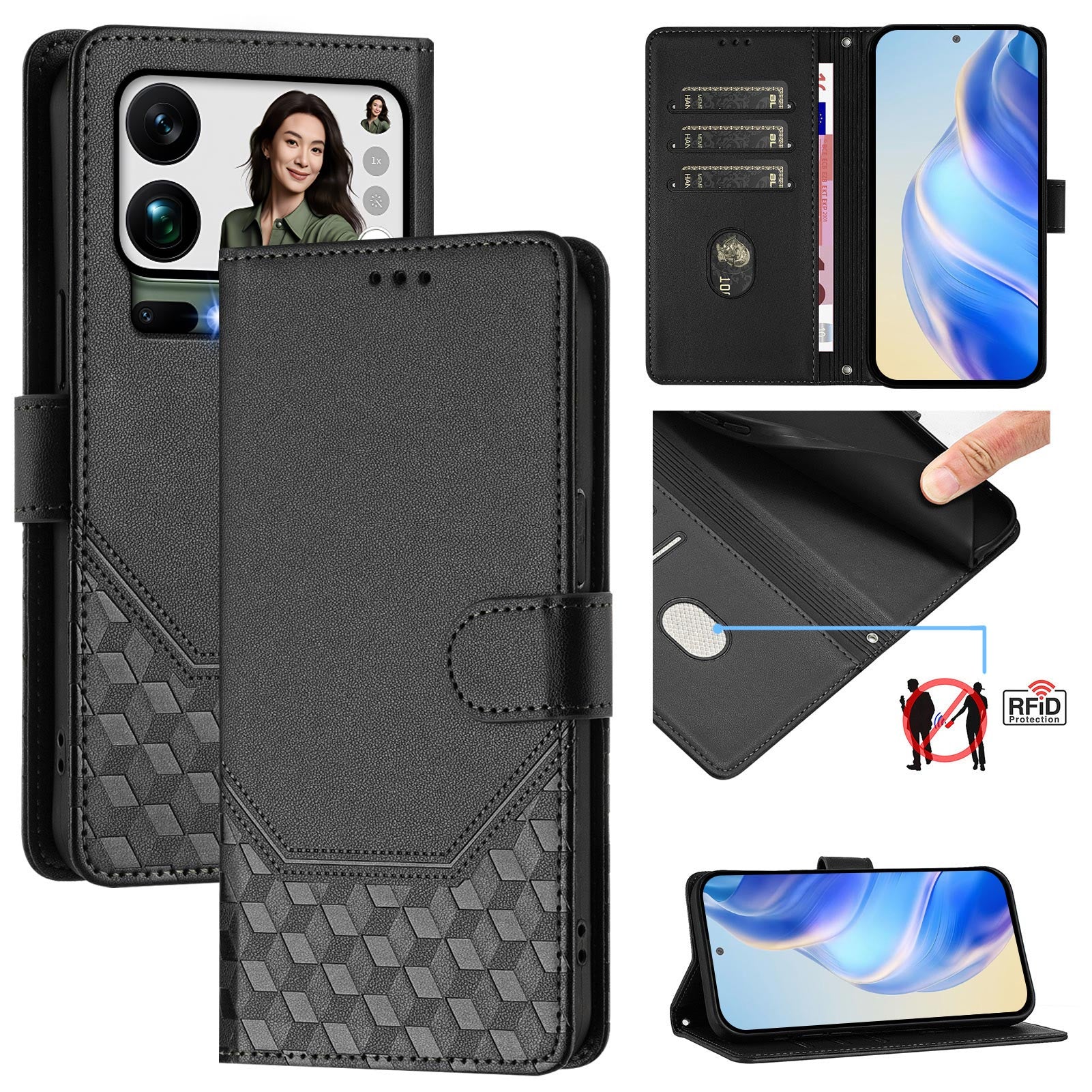 For Xiaomi 17 Pro Max Case Imprinted Honeycomb RFID Blocking Leather Phone Cover with Strap - Black