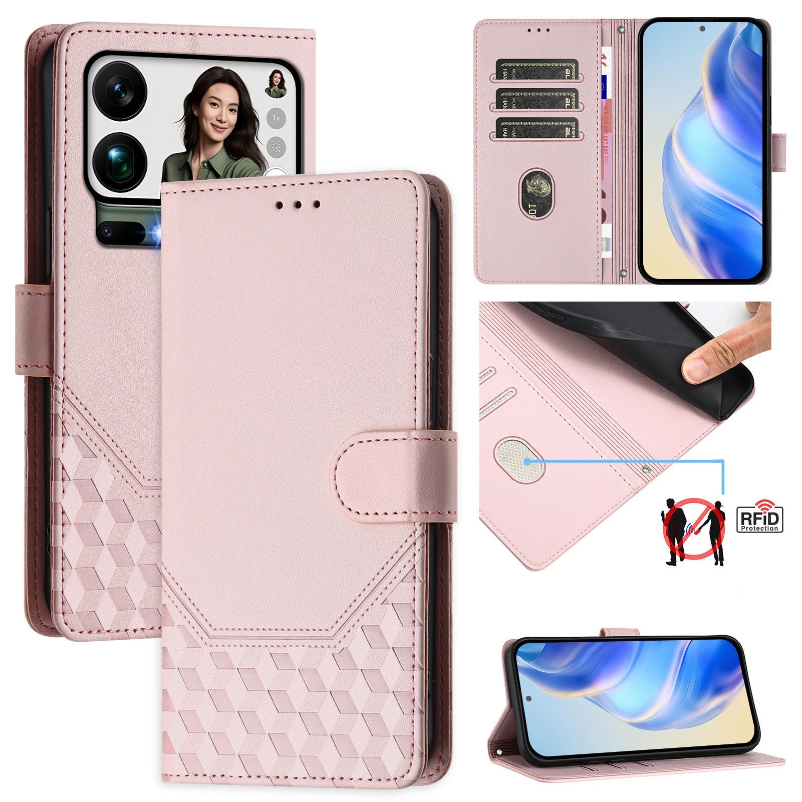 For Xiaomi 17 Pro Max Case Imprinted Honeycomb RFID Blocking Leather Phone Cover with Strap - Pink