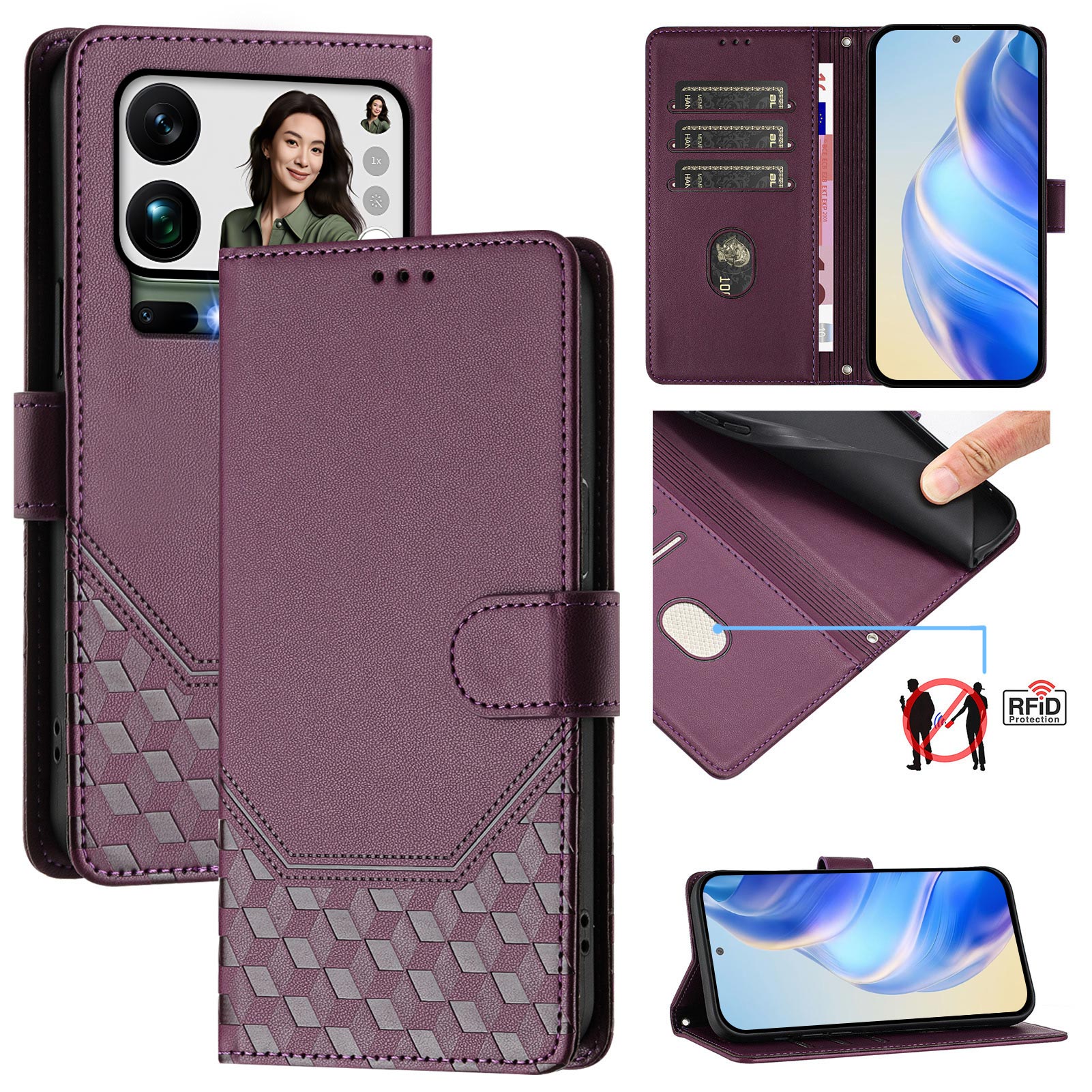 For Xiaomi 17 Pro Max Case Imprinted Honeycomb RFID Blocking Leather Phone Cover with Strap - Dark Purple