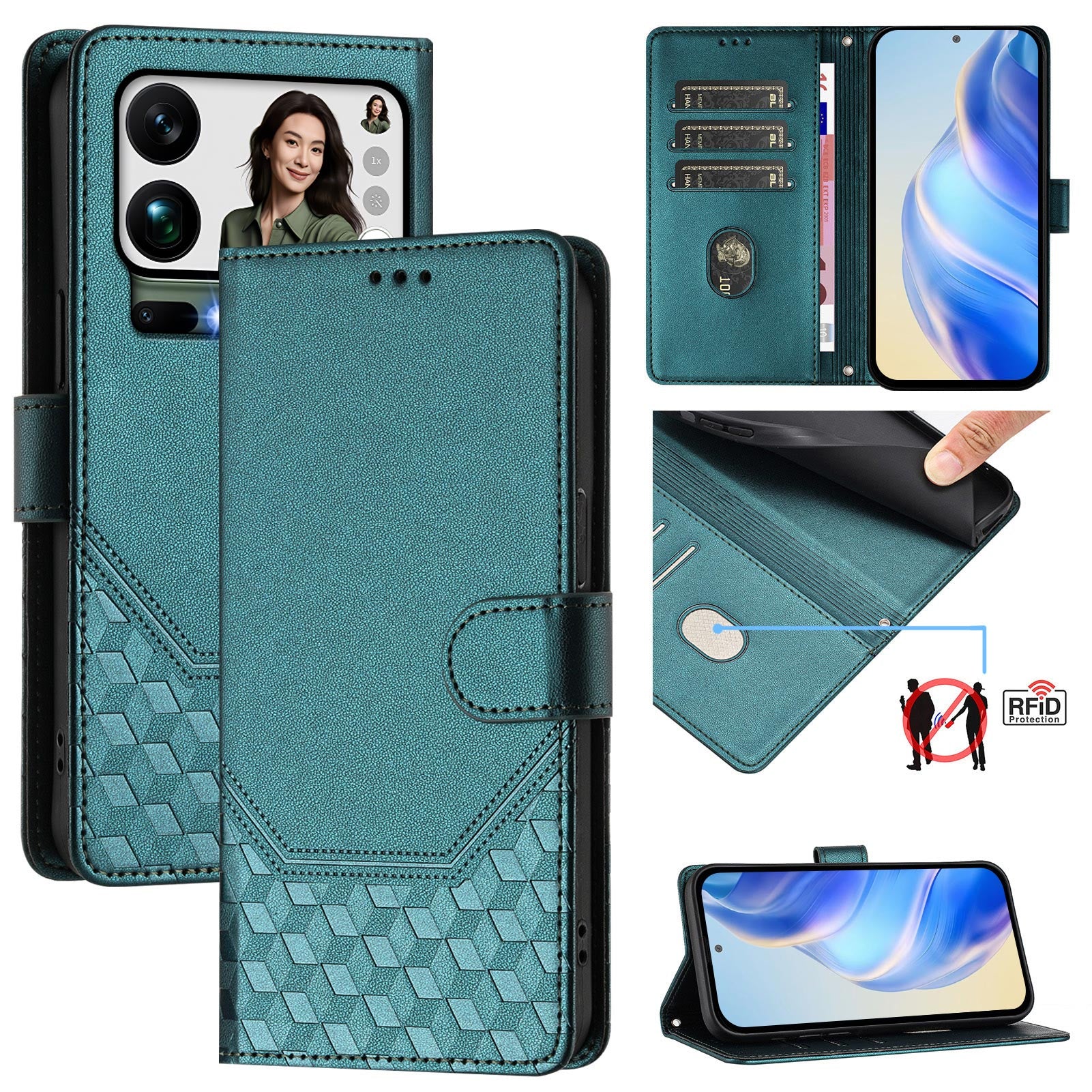 For Xiaomi 17 Pro Max Case Imprinted Honeycomb RFID Blocking Leather Phone Cover with Strap - Green