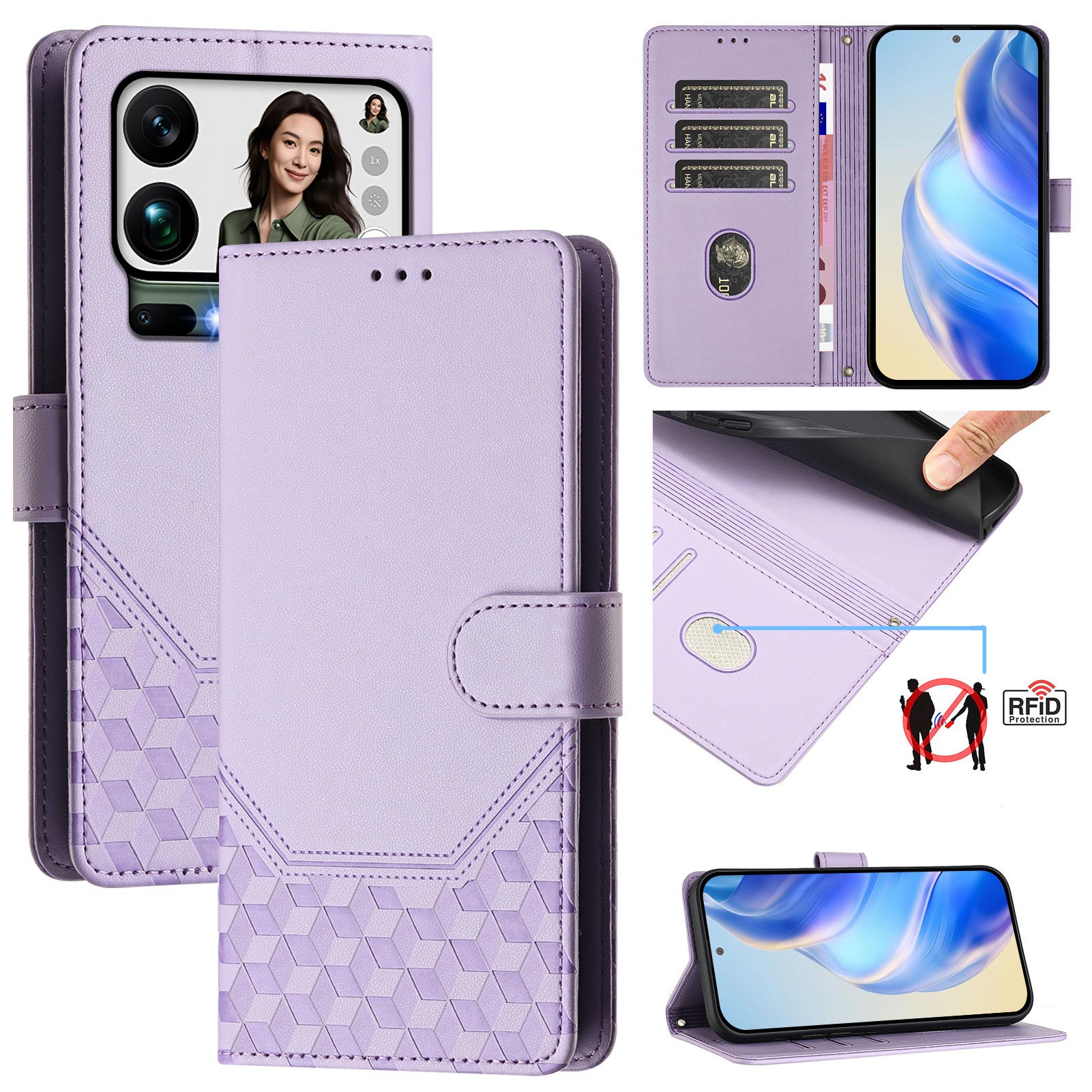 For Xiaomi 17 Pro Max Case Imprinted Honeycomb RFID Blocking Leather Phone Cover with Strap - Light Purple