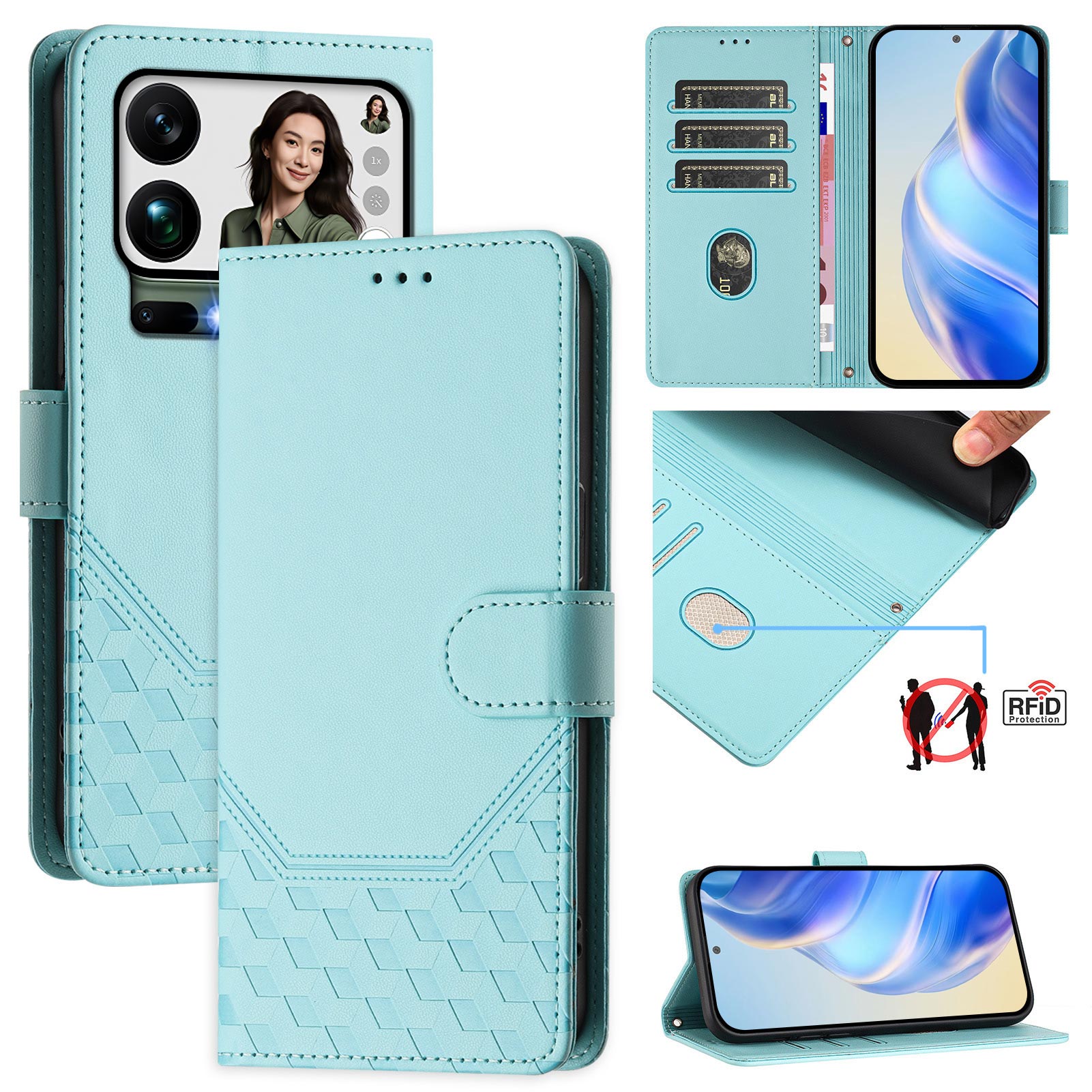 For Xiaomi 17 Pro Max Case Imprinted Honeycomb RFID Blocking Leather Phone Cover with Strap - Mint Green