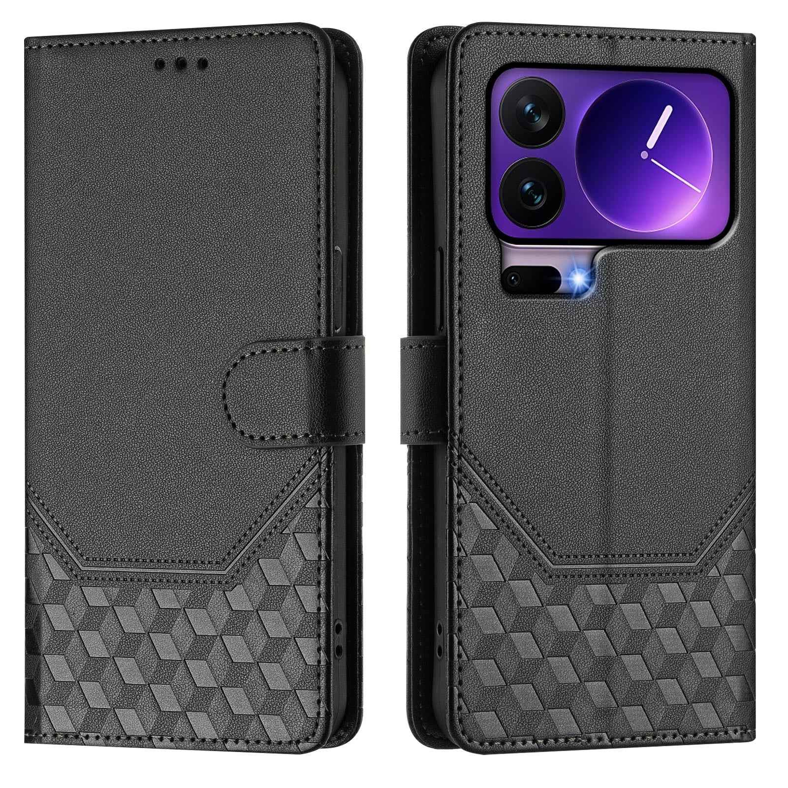 For Xiaomi 17 Pro Case Imprinted Honeycomb RFID Blocking Leather Phone Cover with Strap - Black