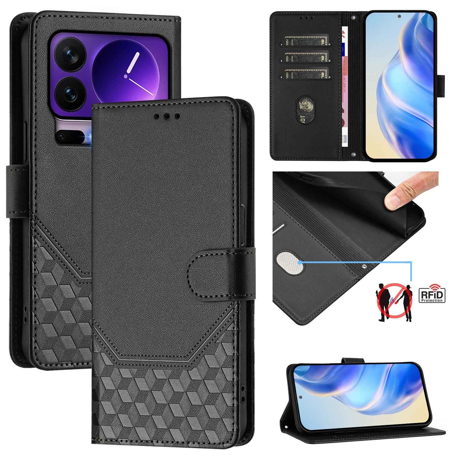 For Xiaomi 17 Pro Case Imprinted Honeycomb RFID Blocking Leather Phone Cover with Strap - Black