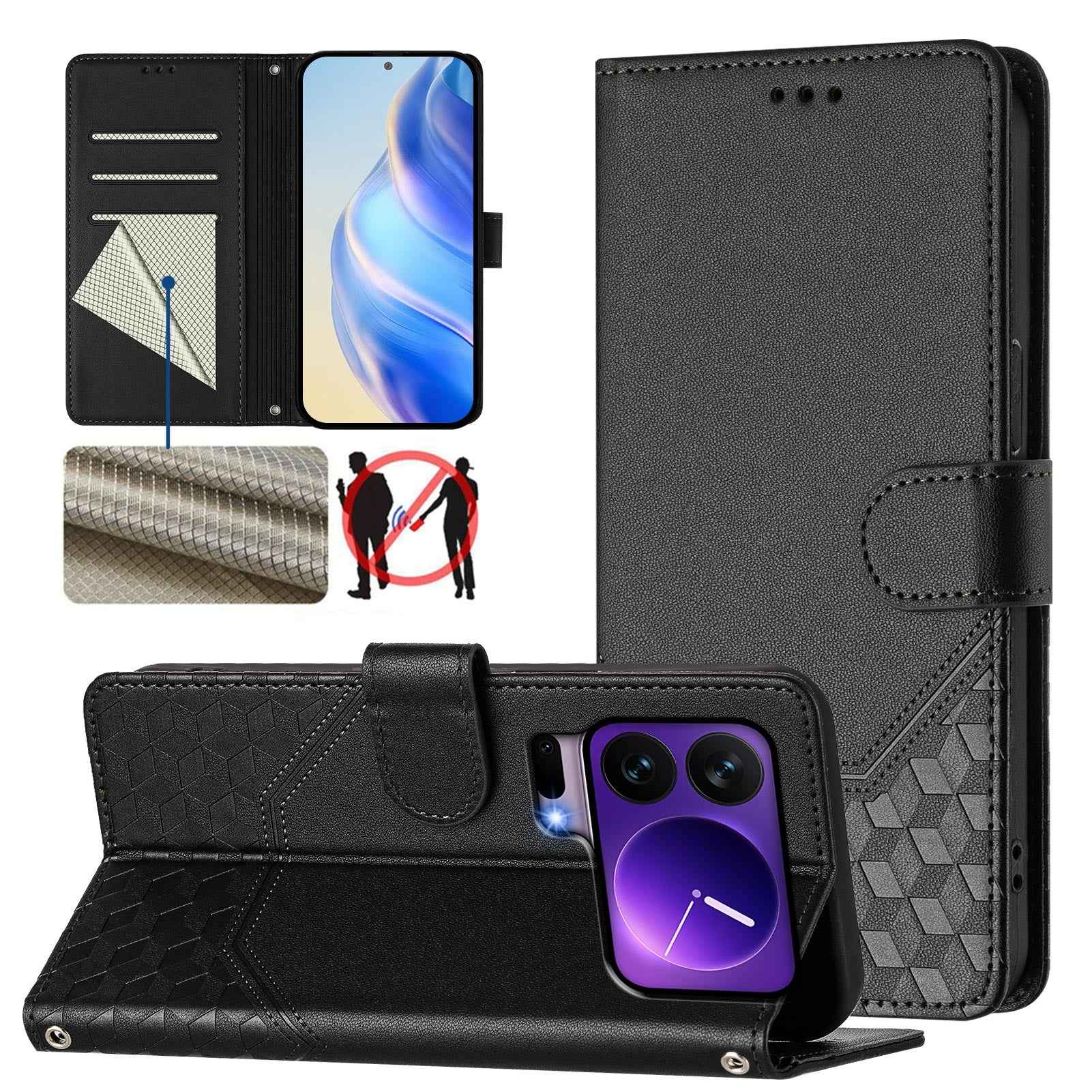 For Xiaomi 17 Pro Case Imprinted Honeycomb RFID Blocking Leather Phone Cover with Strap - Black