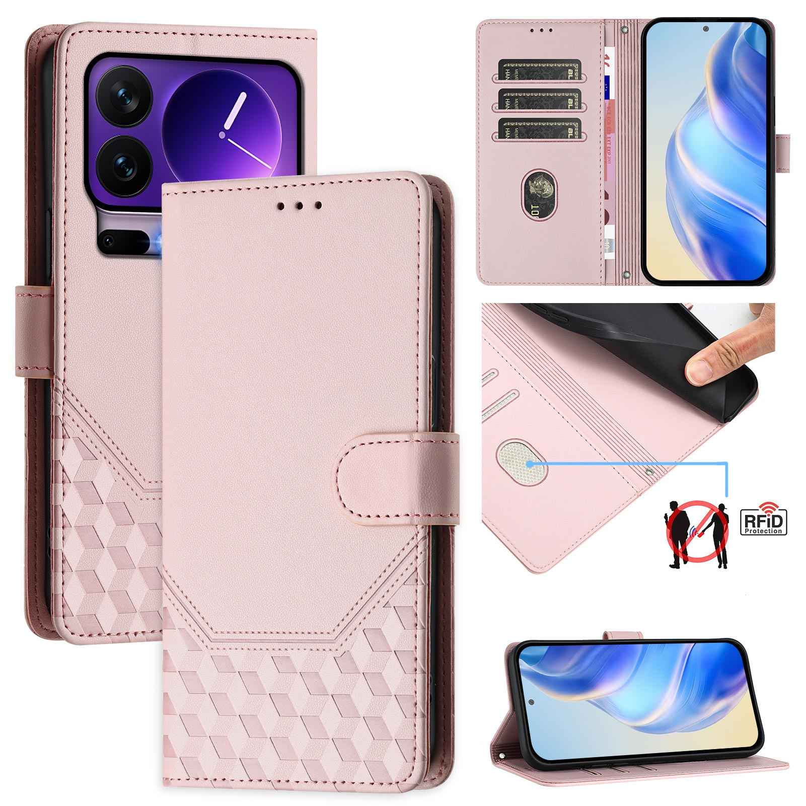 For Xiaomi 17 Pro Case Imprinted Honeycomb RFID Blocking Leather Phone Cover with Strap - Pink
