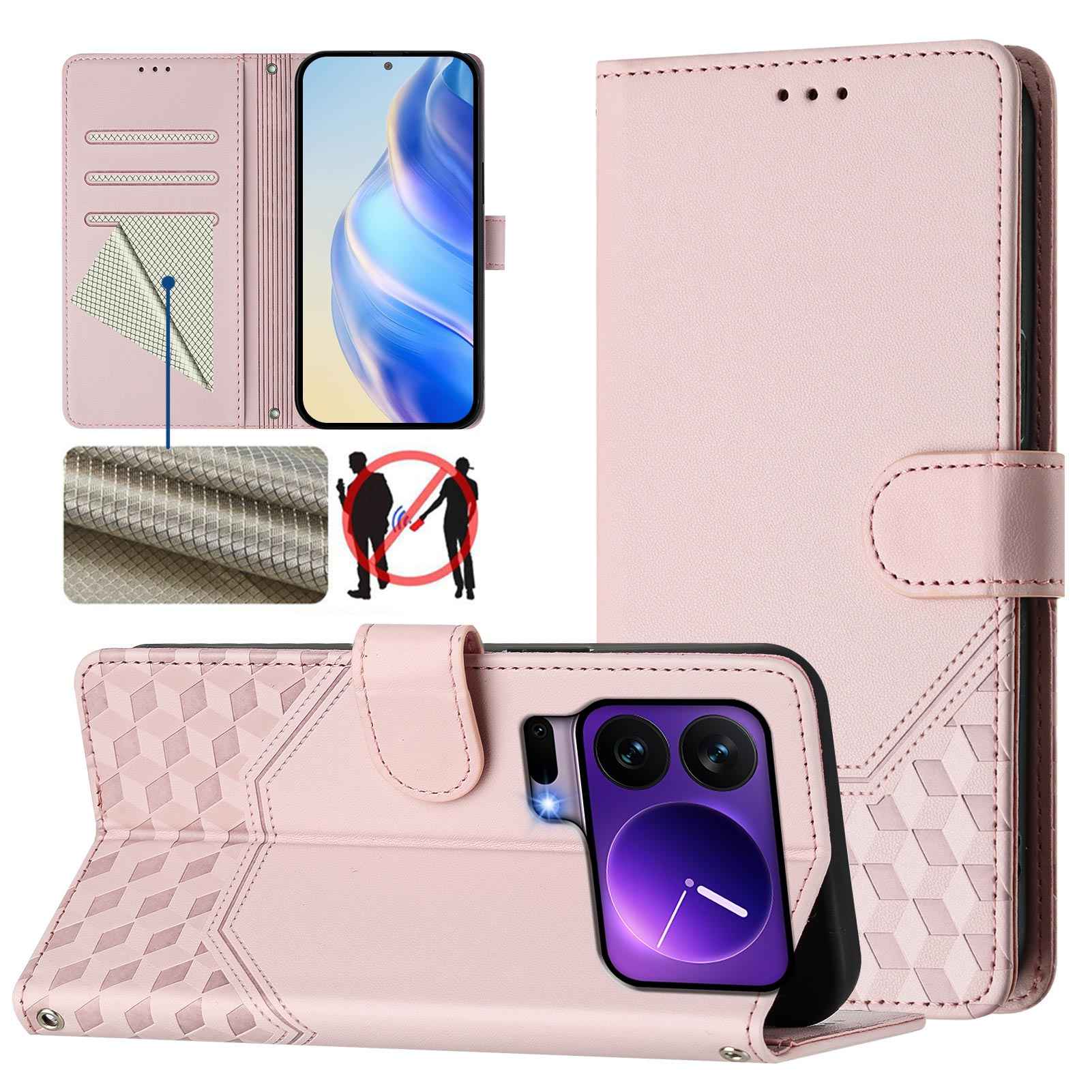 For Xiaomi 17 Pro Case Imprinted Honeycomb RFID Blocking Leather Phone Cover with Strap - Pink