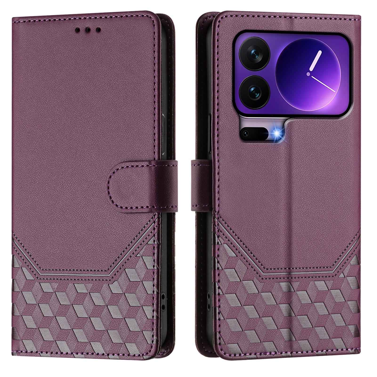 For Xiaomi 17 Pro Case Imprinted Honeycomb RFID Blocking Leather Phone Cover with Strap - Dark Purple