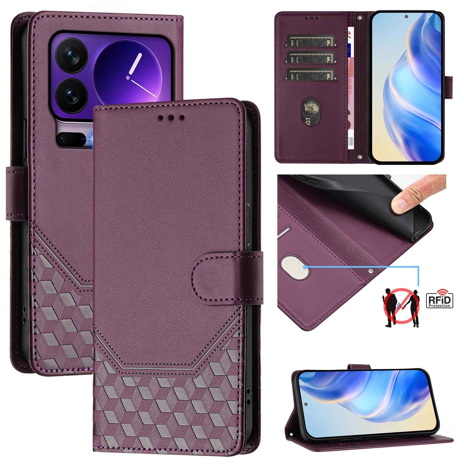 For Xiaomi 17 Pro Case Imprinted Honeycomb RFID Blocking Leather Phone Cover with Strap - Dark Purple