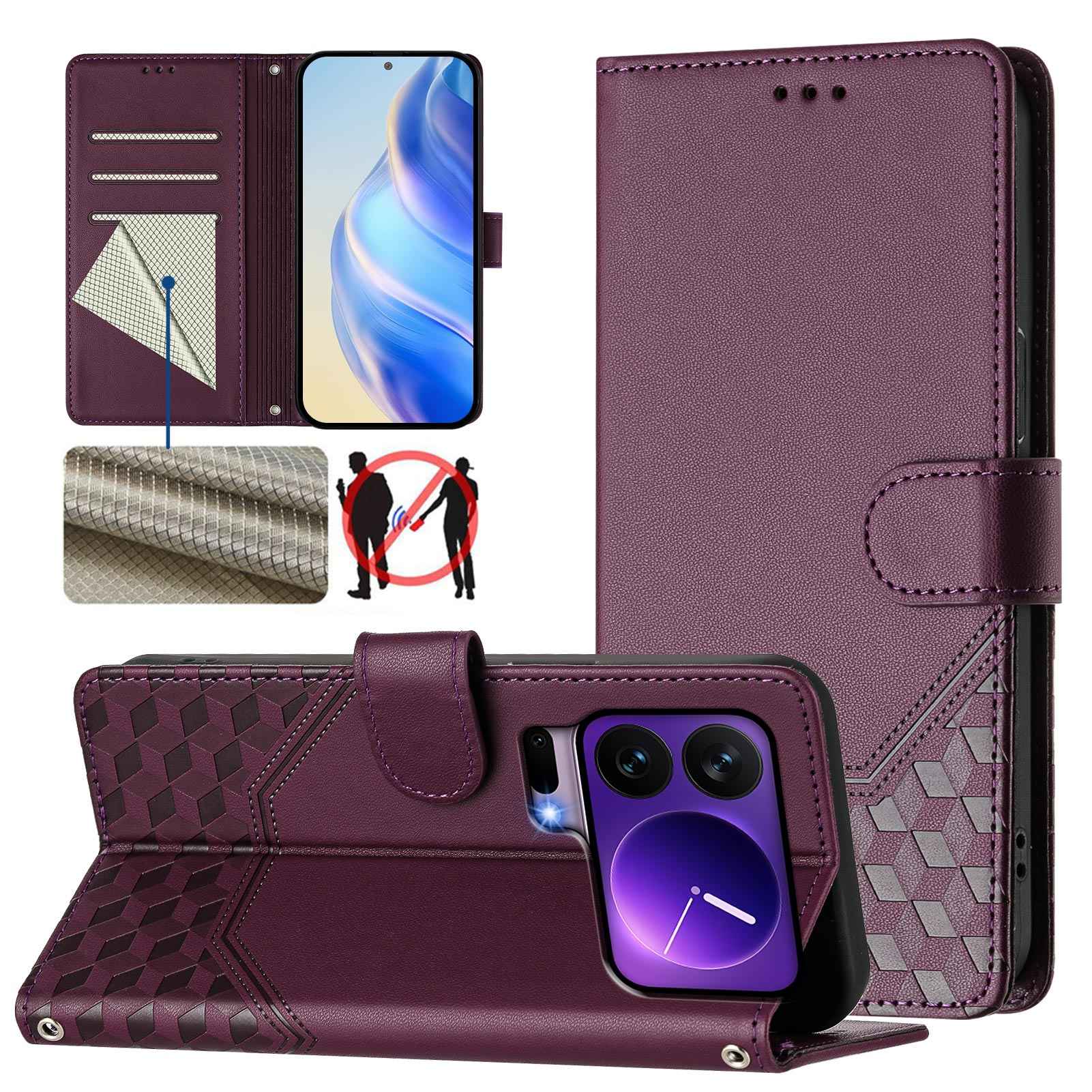 For Xiaomi 17 Pro Case Imprinted Honeycomb RFID Blocking Leather Phone Cover with Strap - Dark Purple