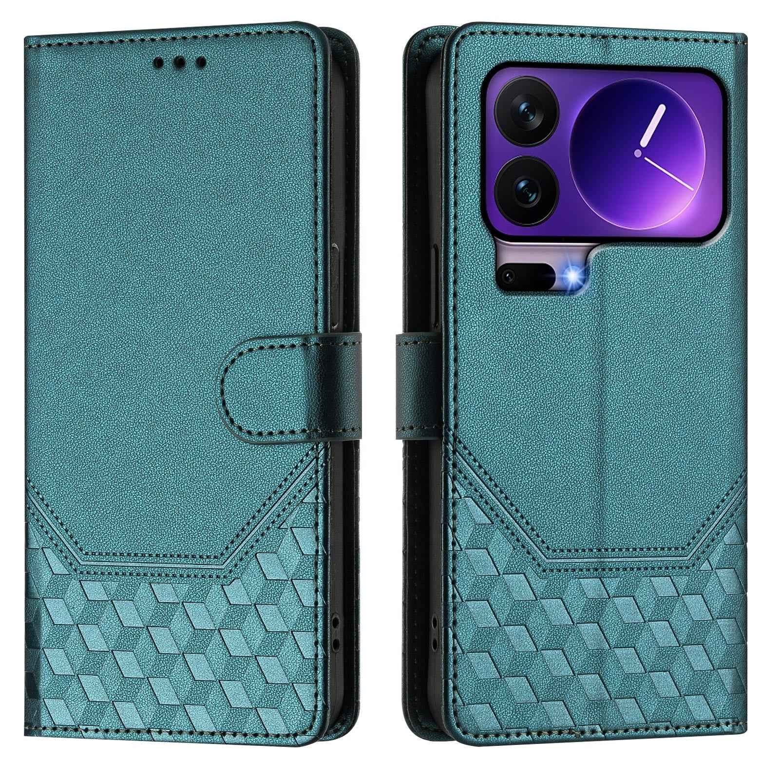 For Xiaomi 17 Pro Case Imprinted Honeycomb RFID Blocking Leather Phone Cover with Strap - Green