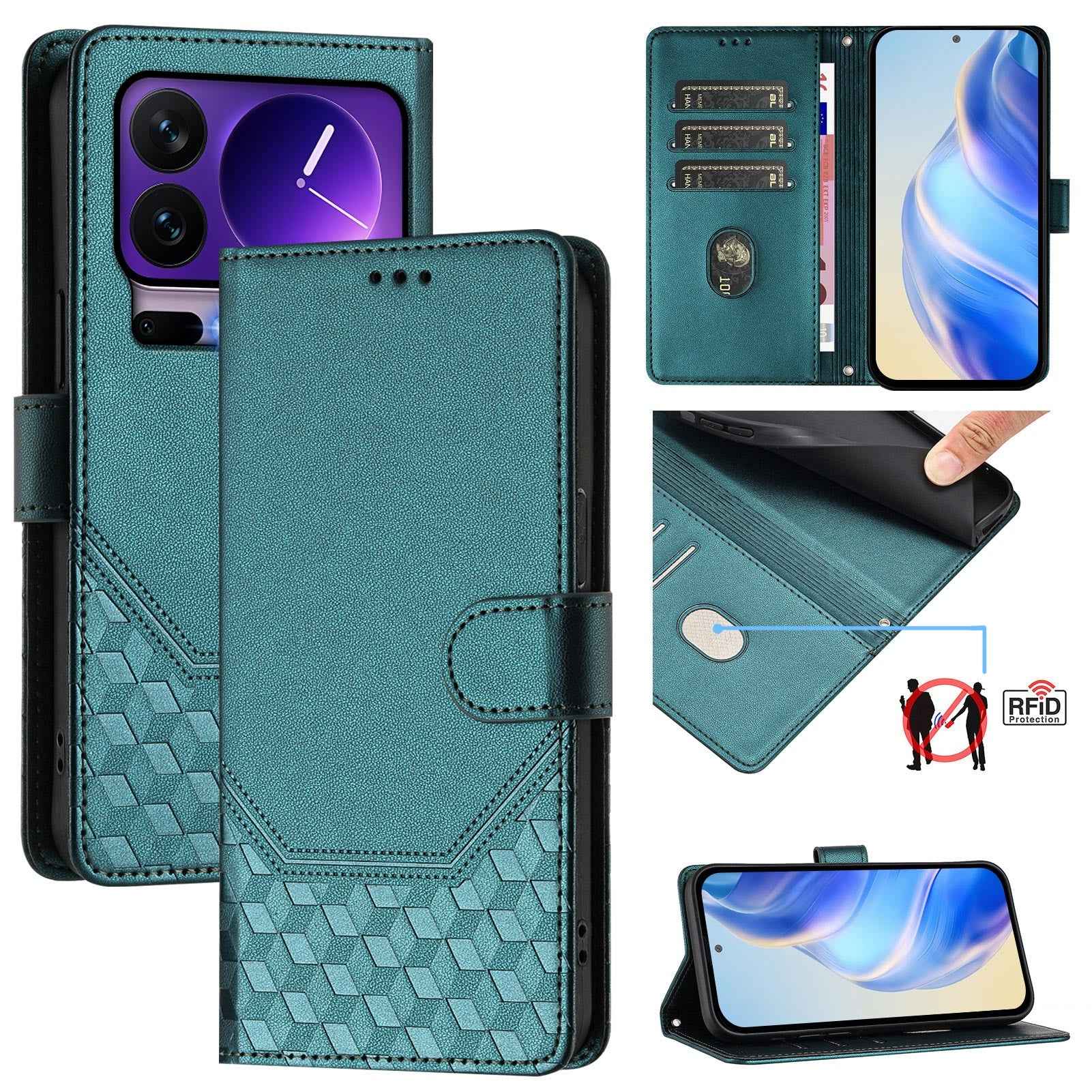 For Xiaomi 17 Pro Case Imprinted Honeycomb RFID Blocking Leather Phone Cover with Strap - Green