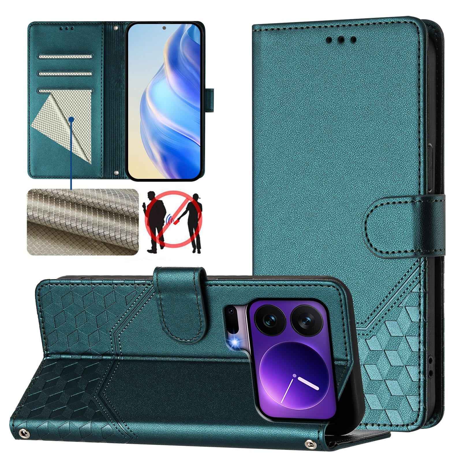 For Xiaomi 17 Pro Case Imprinted Honeycomb RFID Blocking Leather Phone Cover with Strap - Green