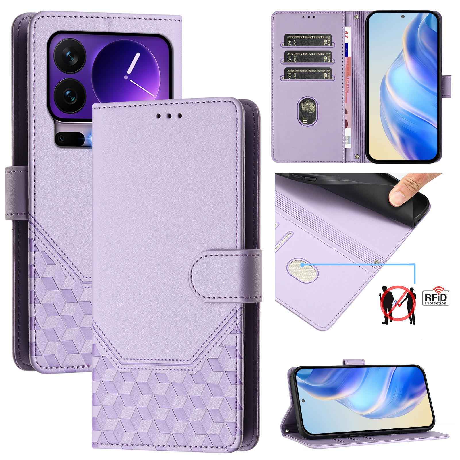 For Xiaomi 17 Pro Case Imprinted Honeycomb RFID Blocking Leather Phone Cover with Strap - Light Purple