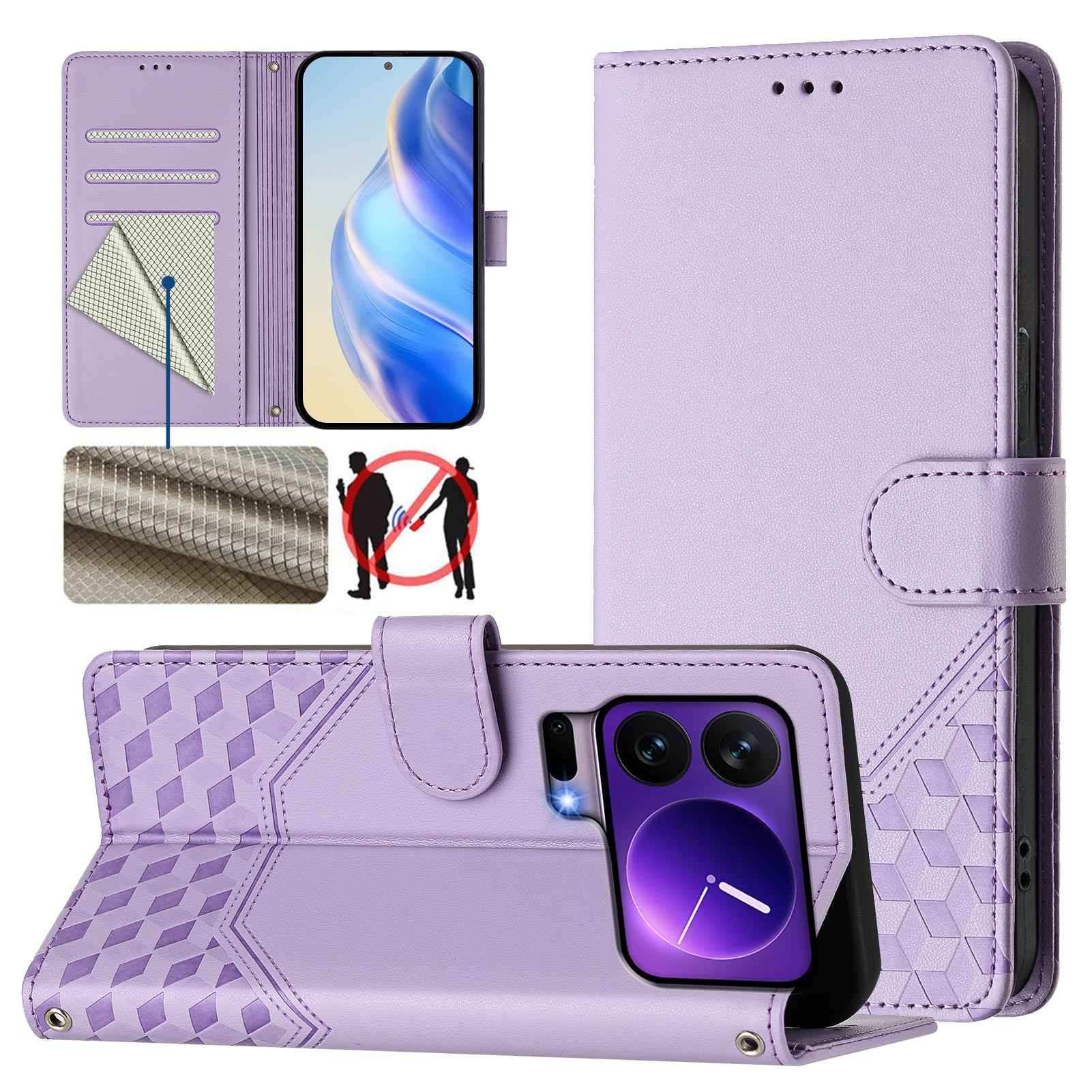 For Xiaomi 17 Pro Case Imprinted Honeycomb RFID Blocking Leather Phone Cover with Strap - Light Purple