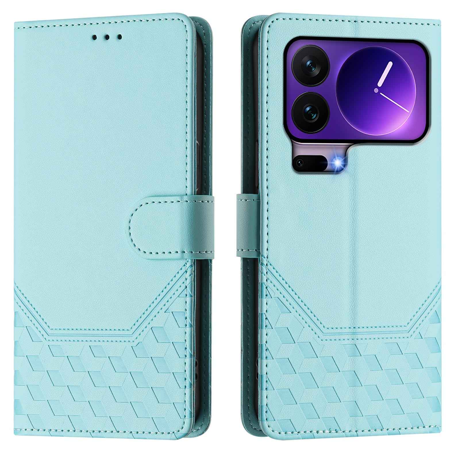 For Xiaomi 17 Pro Case Imprinted Honeycomb RFID Blocking Leather Phone Cover with Strap - Mint Green