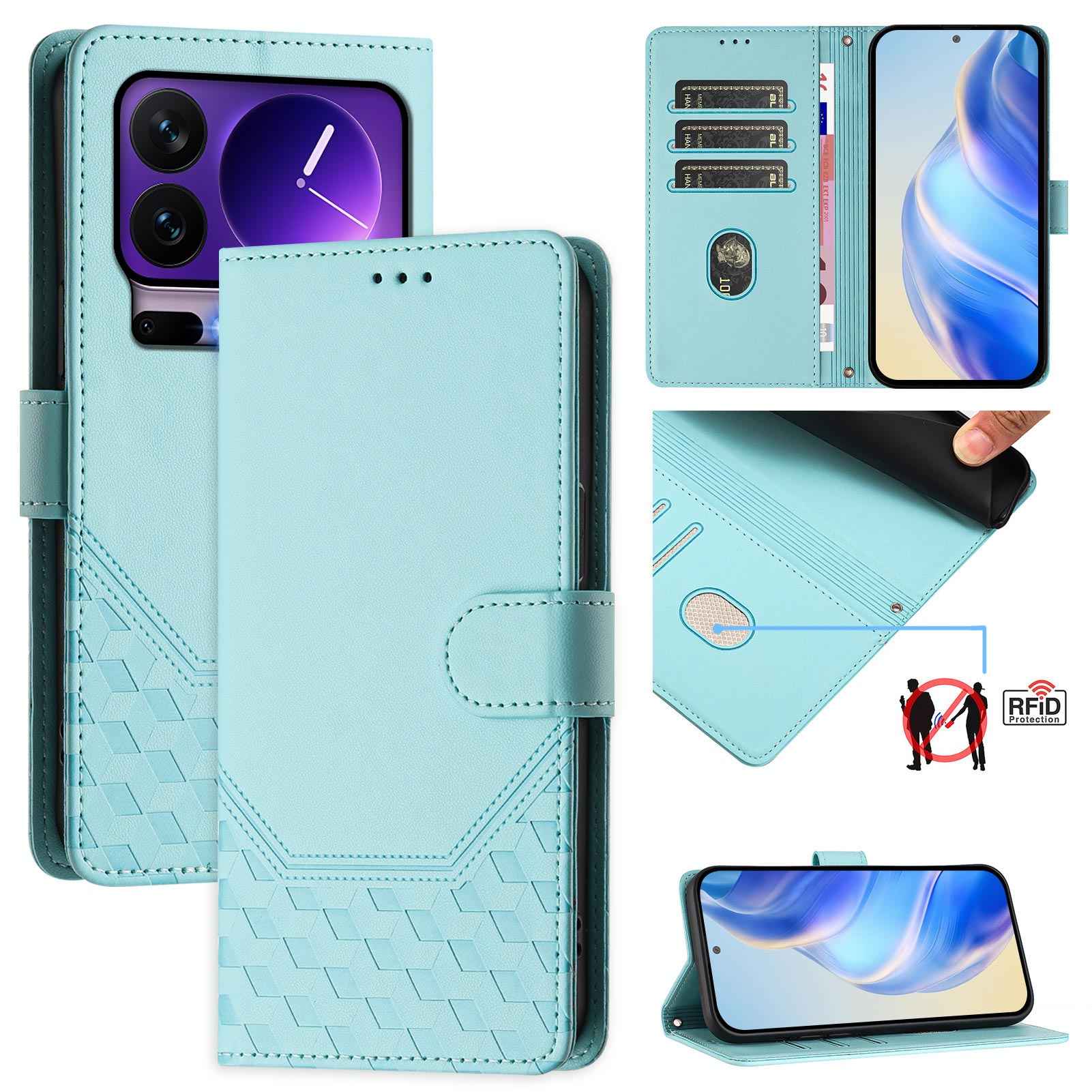 For Xiaomi 17 Pro Case Imprinted Honeycomb RFID Blocking Leather Phone Cover with Strap - Mint Green