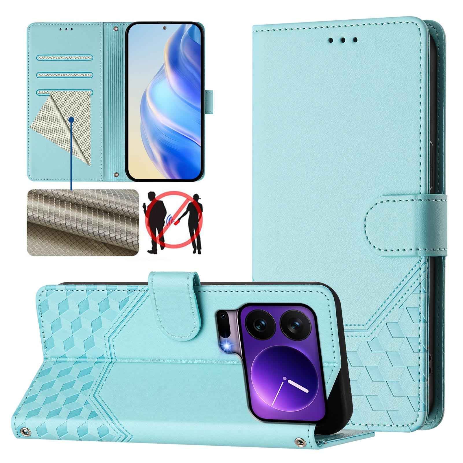 For Xiaomi 17 Pro Case Imprinted Honeycomb RFID Blocking Leather Phone Cover with Strap - Mint Green
