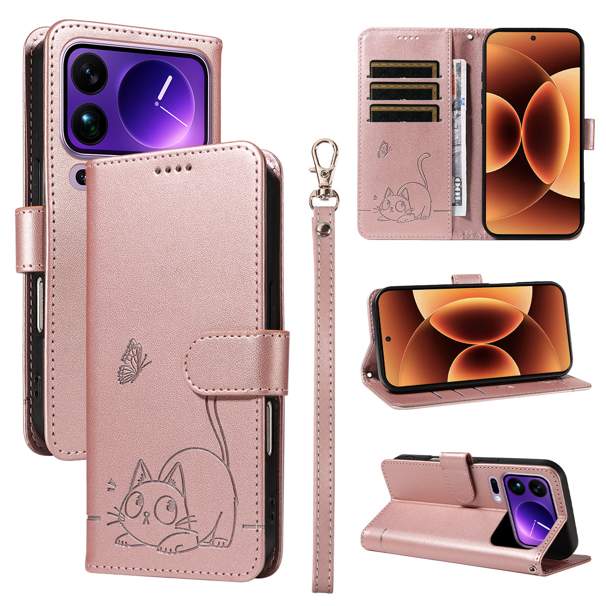 For Xiaomi 17 Pro Max Case Cat Pattern Imprint Leather Phone Cover with Wrist Strap - Rose Gold