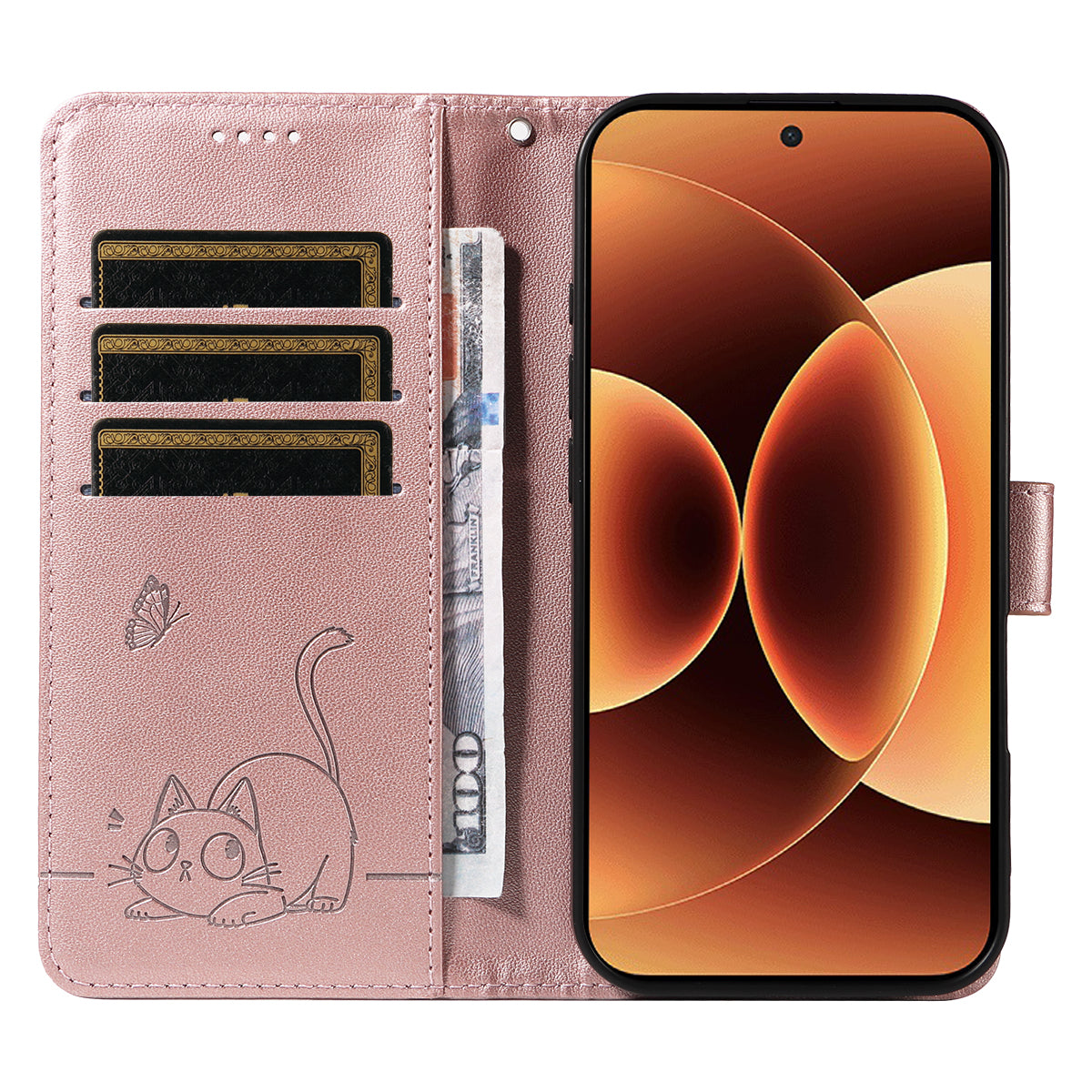 For Xiaomi 17 Pro Max Case Cat Pattern Imprint Leather Phone Cover with Wrist Strap - Rose Gold