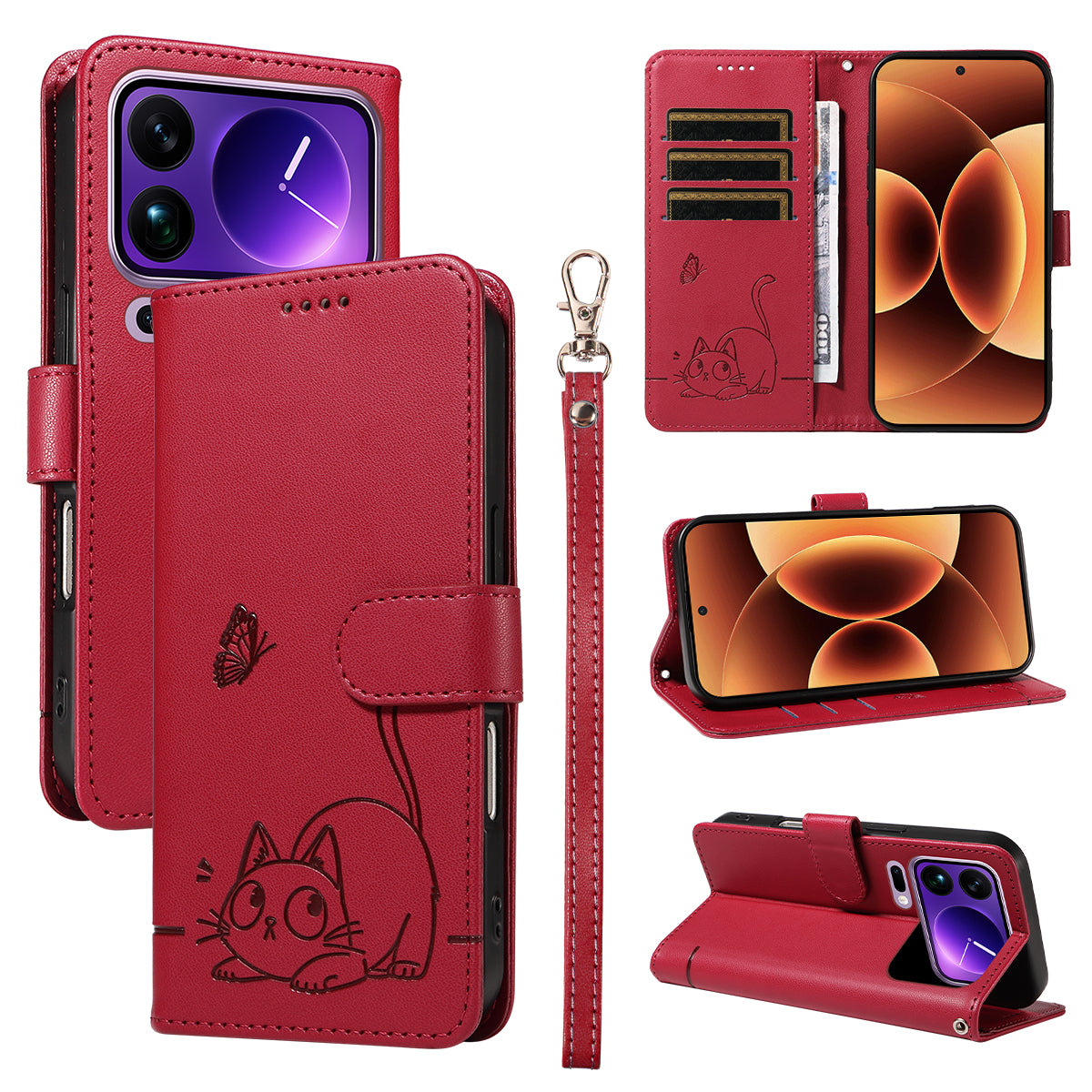 For Xiaomi 17 Pro Max Case Cat Pattern Imprint Leather Phone Cover with Wrist Strap - Red
