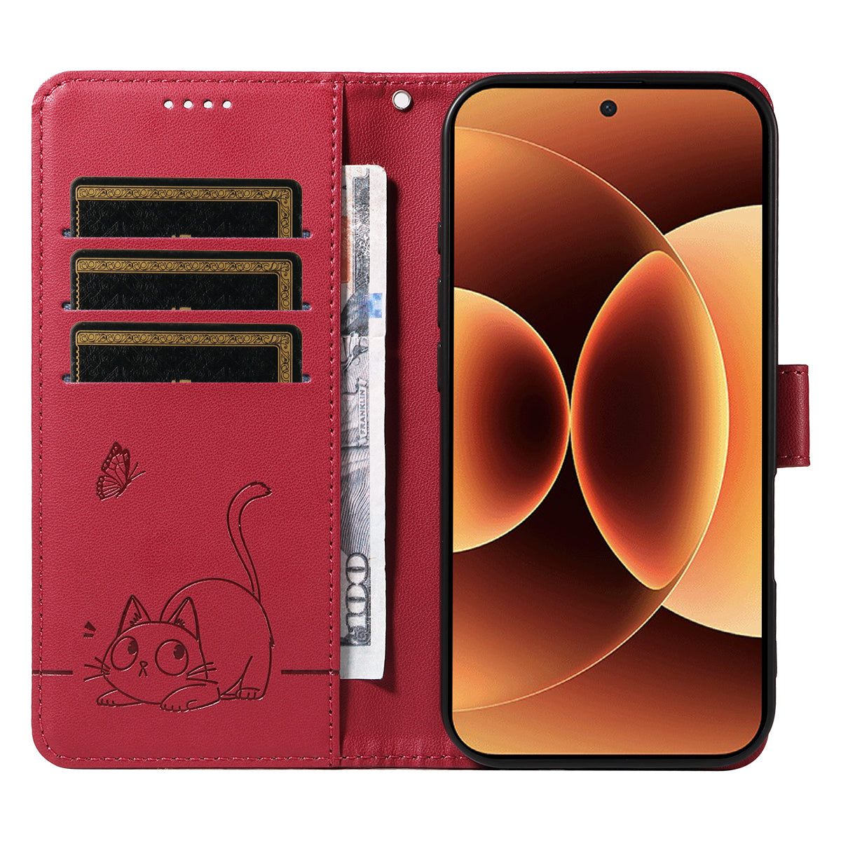 For Xiaomi 17 Pro Max Case Cat Pattern Imprint Leather Phone Cover with Wrist Strap - Red