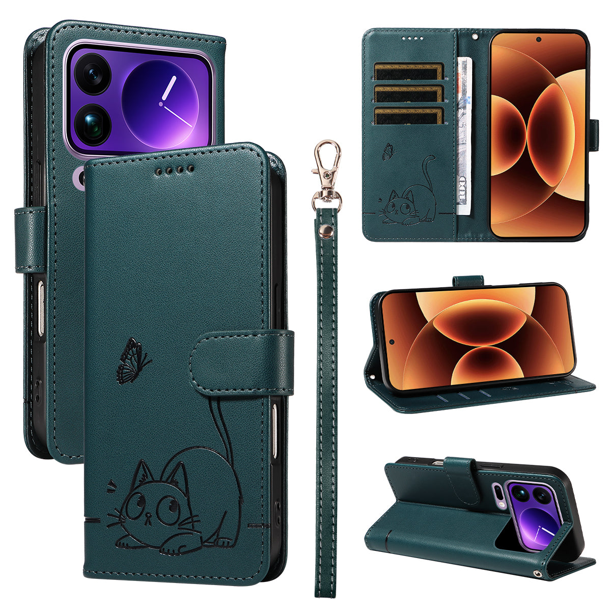 For Xiaomi 17 Pro Max Case Cat Pattern Imprint Leather Phone Cover with Wrist Strap - Blue