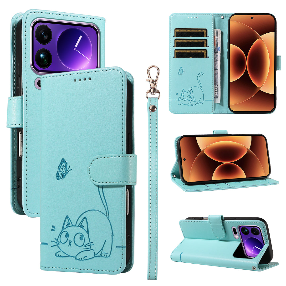 For Xiaomi 17 Pro Max Case Cat Pattern Imprint Leather Phone Cover with Wrist Strap - Green