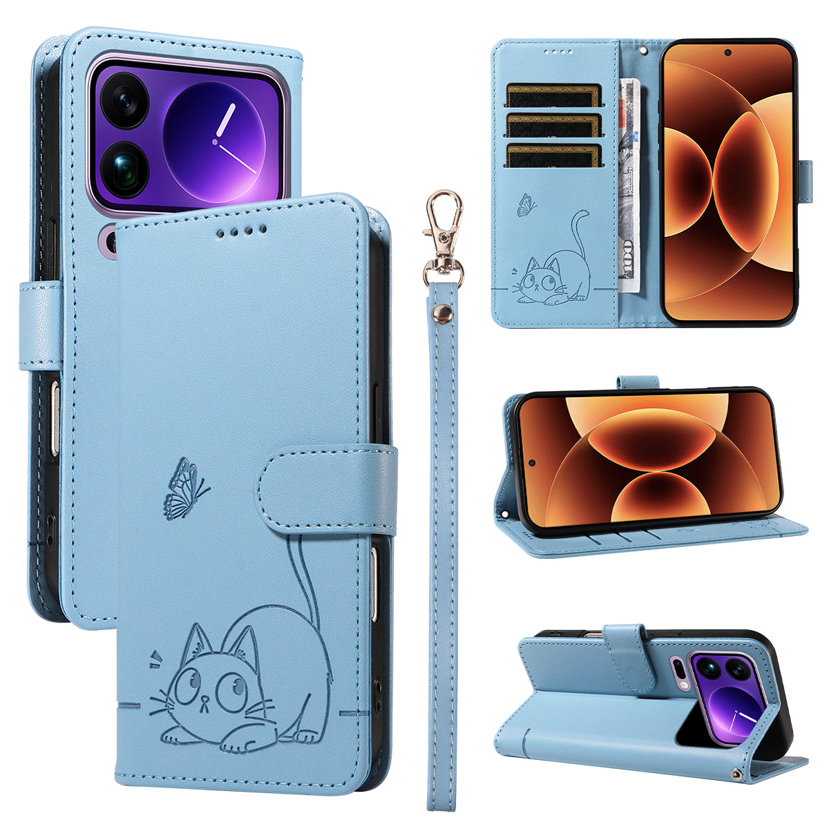 For Xiaomi 17 Pro Max Case Cat Pattern Imprint Leather Phone Cover with Wrist Strap - Sky Blue