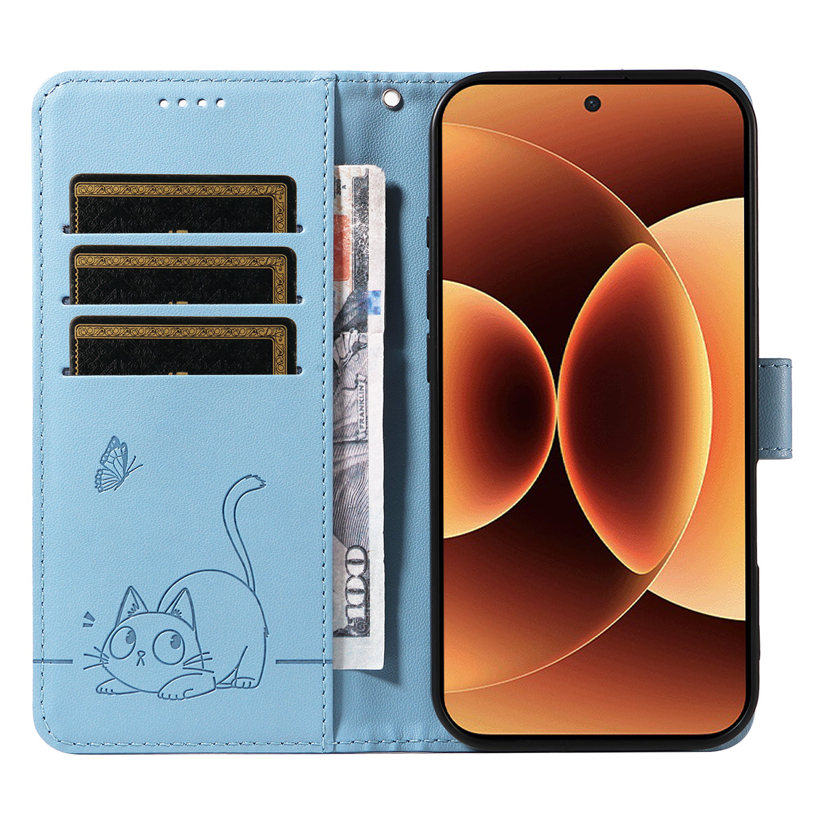 For Xiaomi 17 Pro Max Case Cat Pattern Imprint Leather Phone Cover with Wrist Strap - Sky Blue