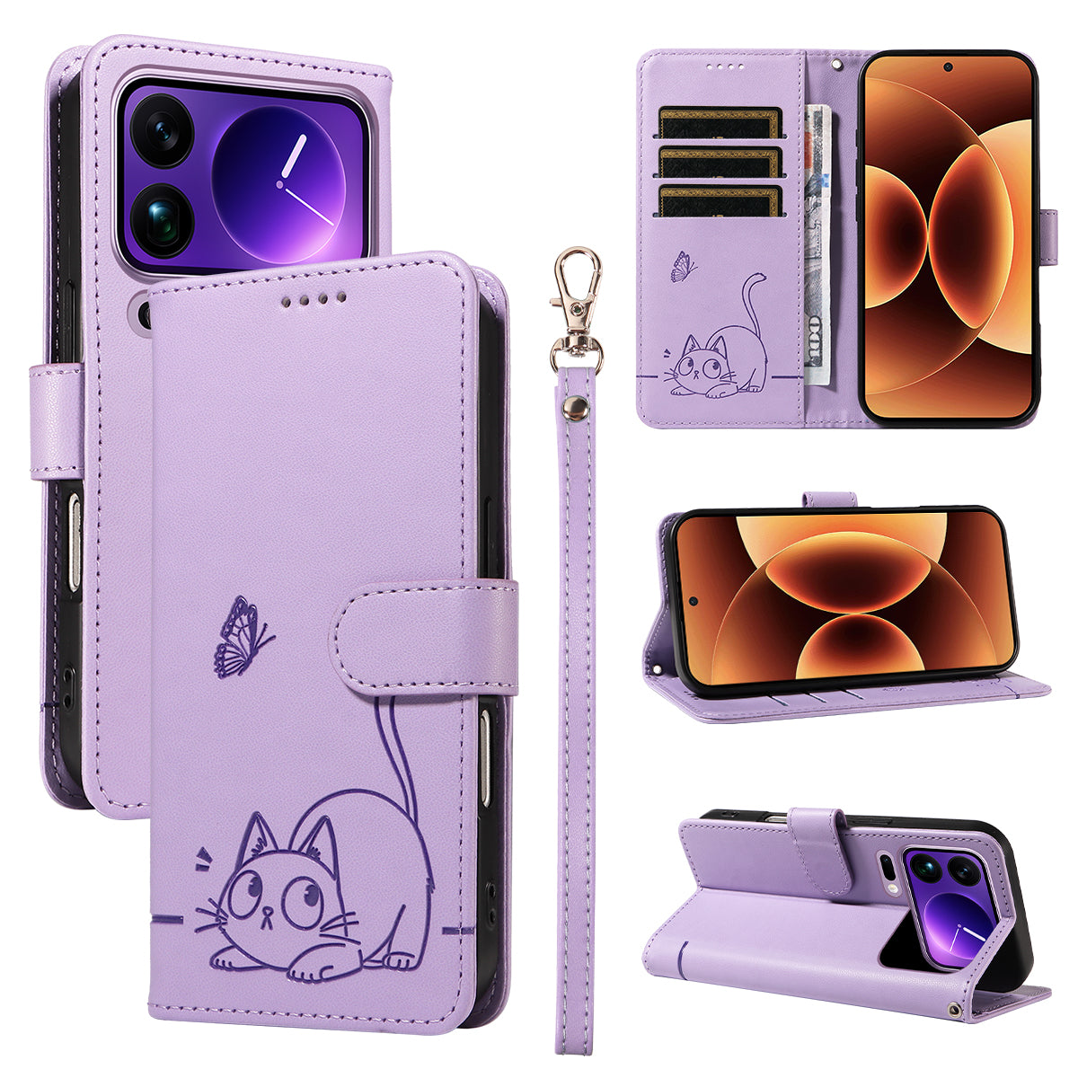 For Xiaomi 17 Pro Max Case Cat Pattern Imprint Leather Phone Cover with Wrist Strap - Purple