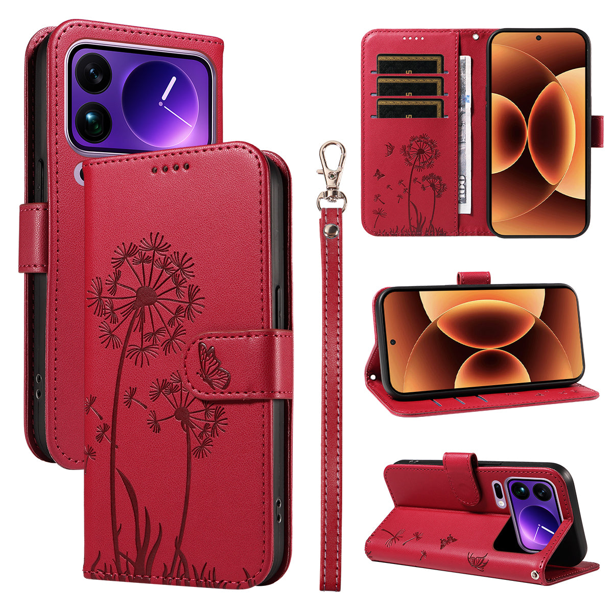 For Xiaomi 17 Pro Max Leather Wallet Case with Strap Dandelion Imprint Phone Stand Cover - Red