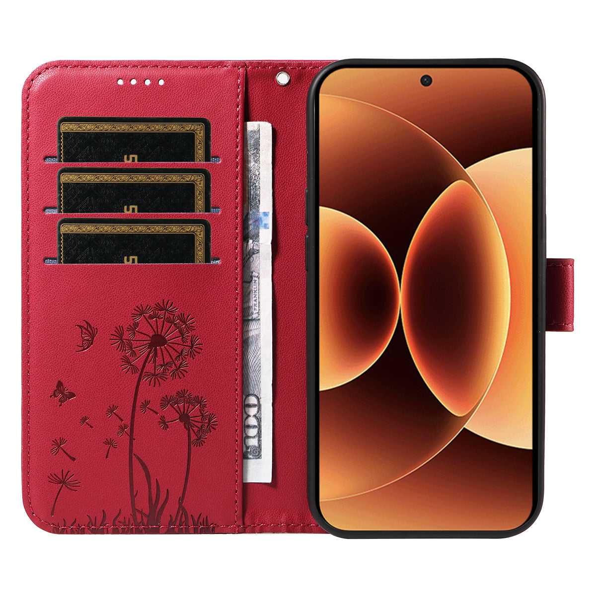 For Xiaomi 17 Pro Max Leather Wallet Case with Strap Dandelion Imprint Phone Stand Cover - Red