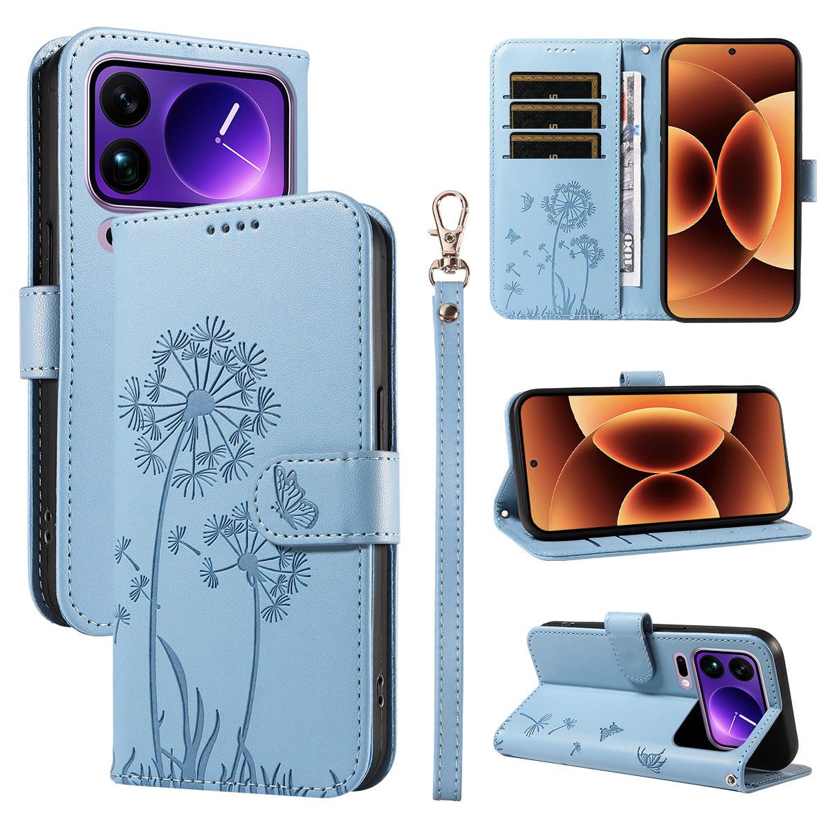 For Xiaomi 17 Pro Max Leather Wallet Case with Strap Dandelion Imprint Phone Stand Cover - Sky Blue
