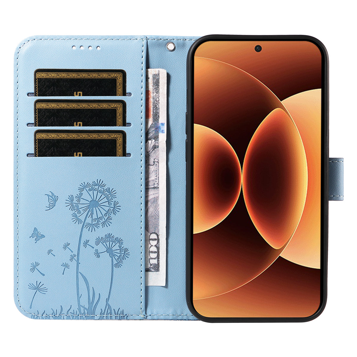For Xiaomi 17 Pro Max Leather Wallet Case with Strap Dandelion Imprint Phone Stand Cover - Sky Blue