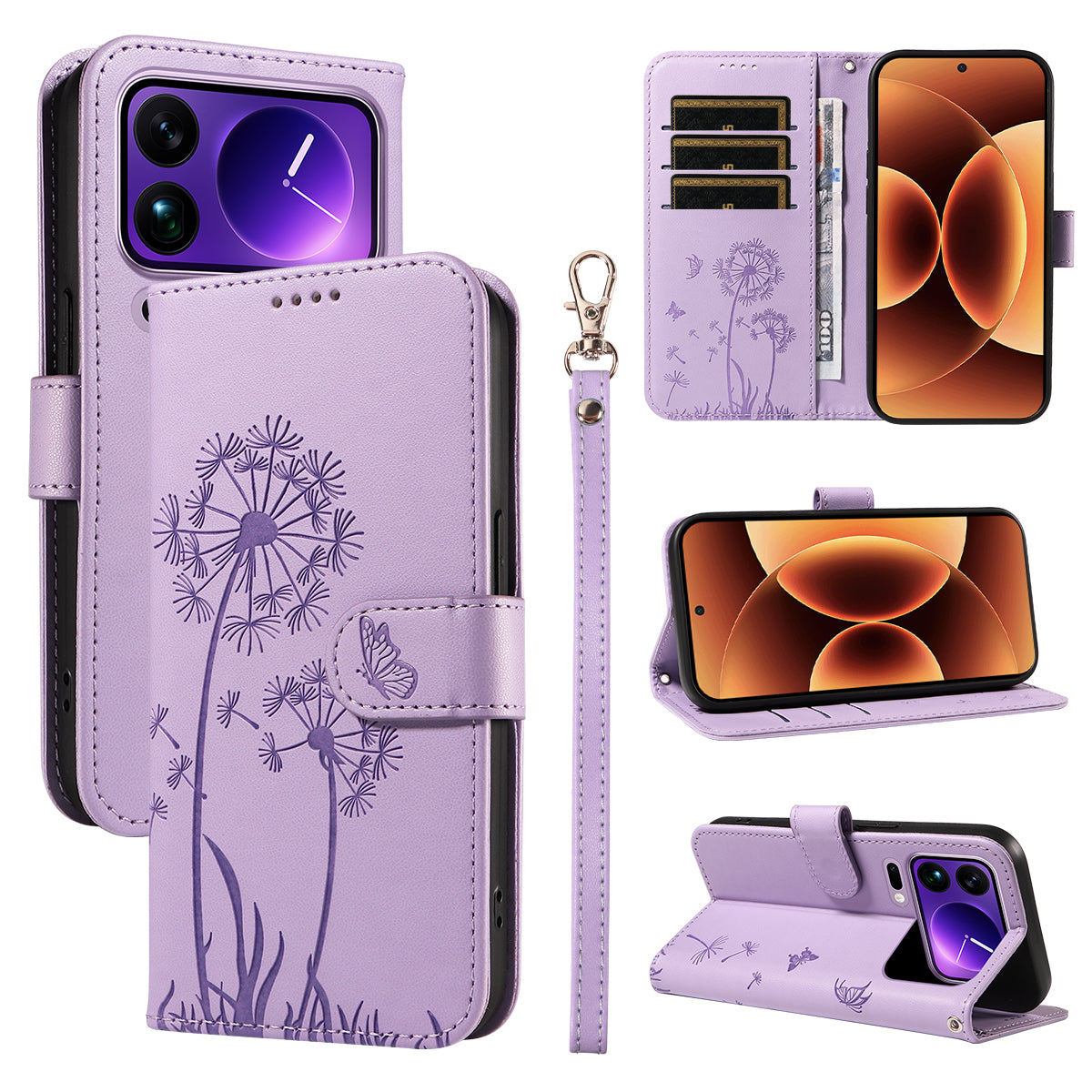 For Xiaomi 17 Pro Max Leather Wallet Case with Strap Dandelion Imprint Phone Stand Cover - Purple