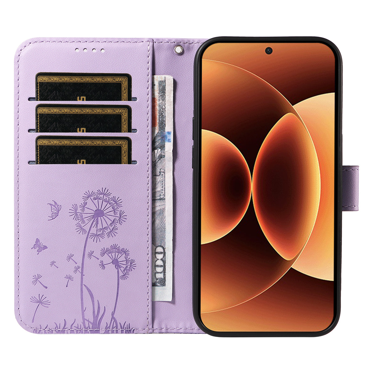 For Xiaomi 17 Pro Max Leather Wallet Case with Strap Dandelion Imprint Phone Stand Cover - Purple