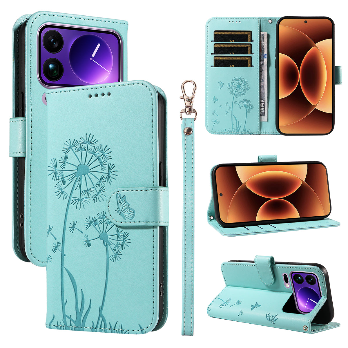 For Xiaomi 17 Pro Max Leather Wallet Case with Strap Dandelion Imprint Phone Stand Cover - Green