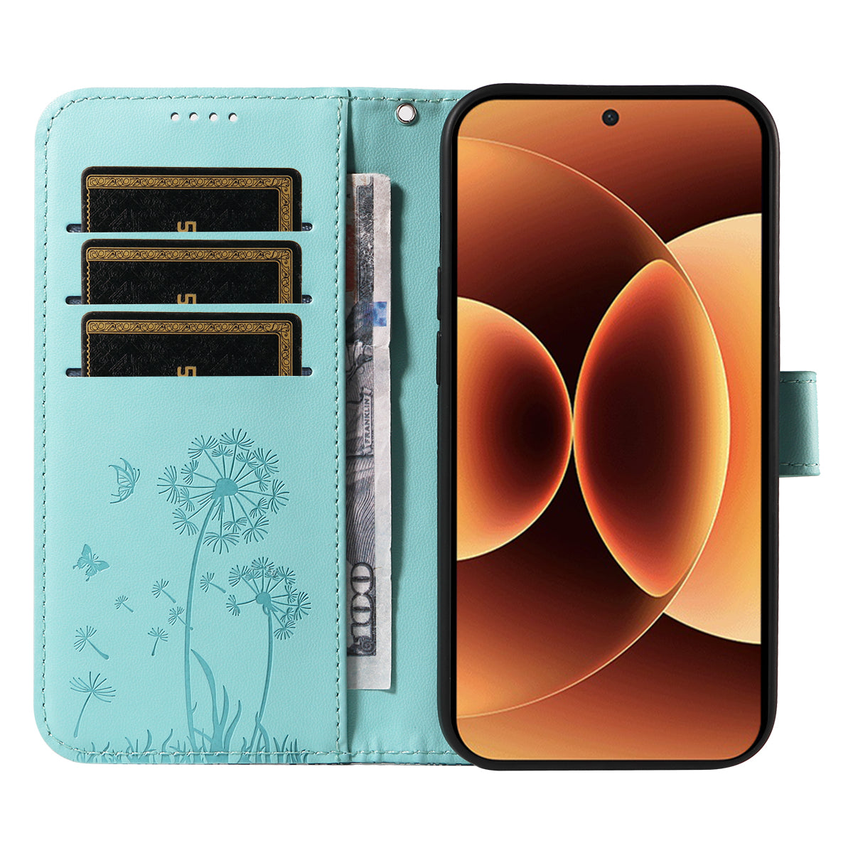 For Xiaomi 17 Pro Max Leather Wallet Case with Strap Dandelion Imprint Phone Stand Cover - Green