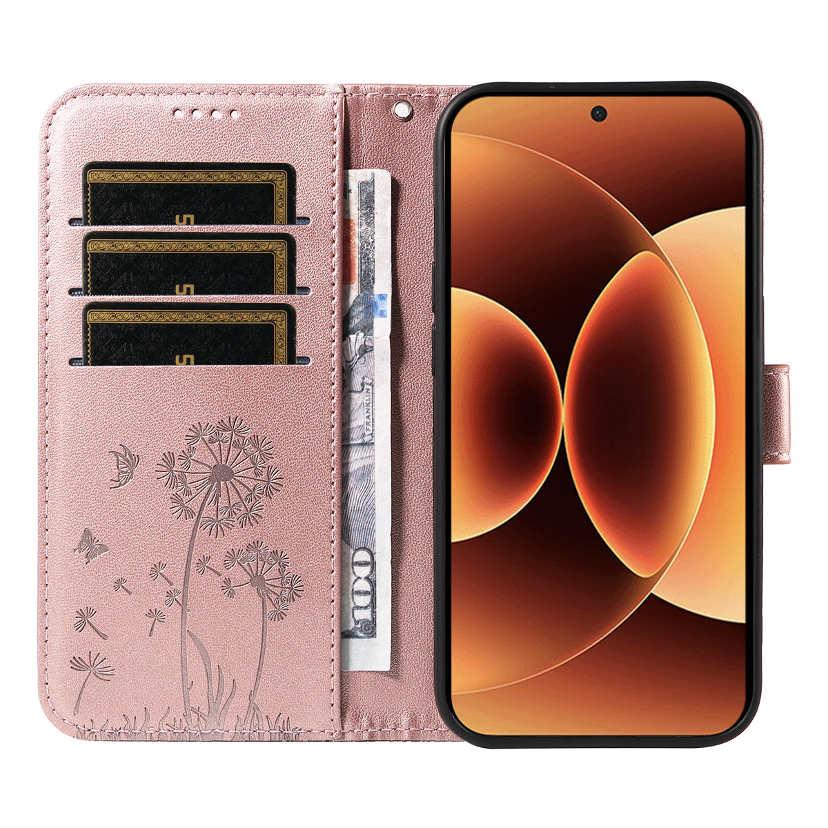For Xiaomi 17 Pro Max Leather Wallet Case with Strap Dandelion Imprint Phone Stand Cover - Rose Gold