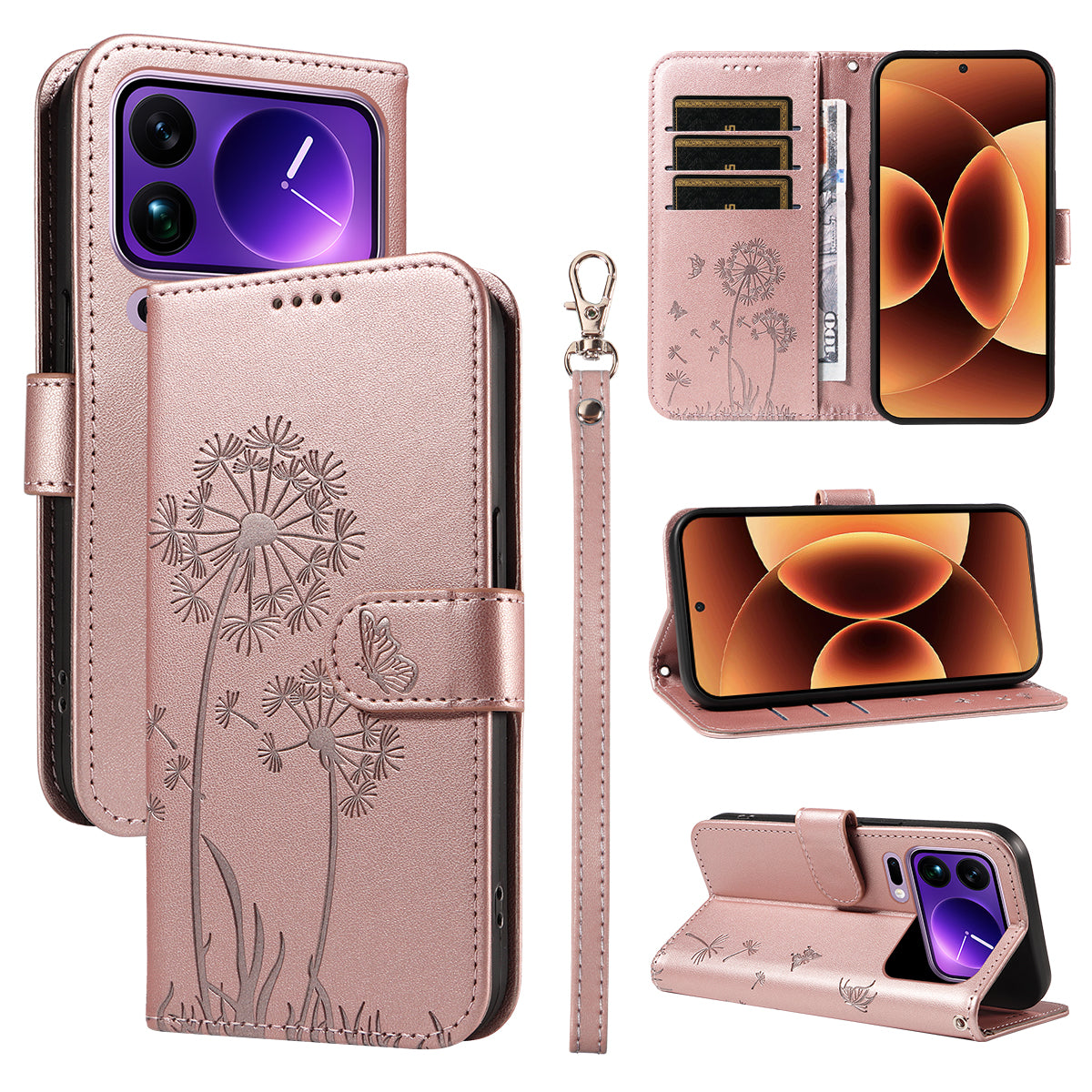 For Xiaomi 17 Pro Max Leather Wallet Case with Strap Dandelion Imprint Phone Stand Cover - Rose Gold